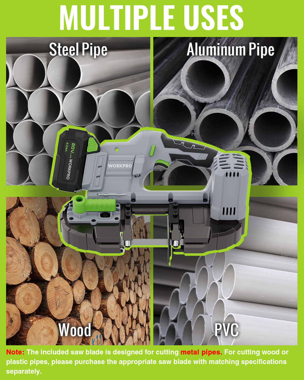 Band saw with green accents for cutting steel, aluminum, wood, and PVC