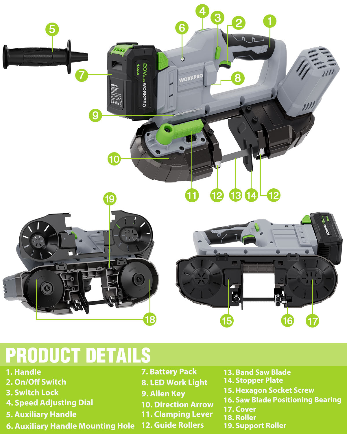 Grey and green cordless portable band saw with front blade housing and guard