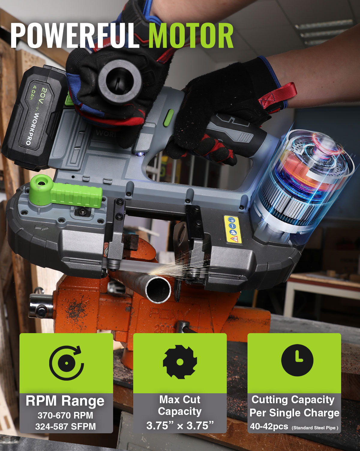 Cordless band saw with blade engaged on metal pipe, showing RPM range indicator