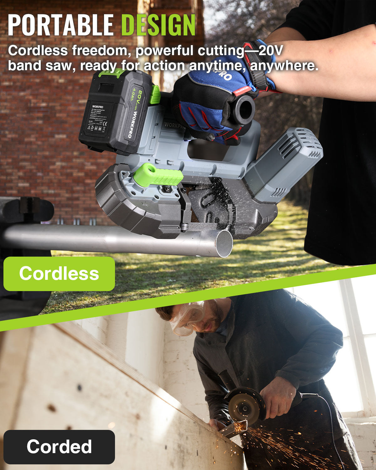 Portable cordless band saw with battery pack and carrying case, compact design