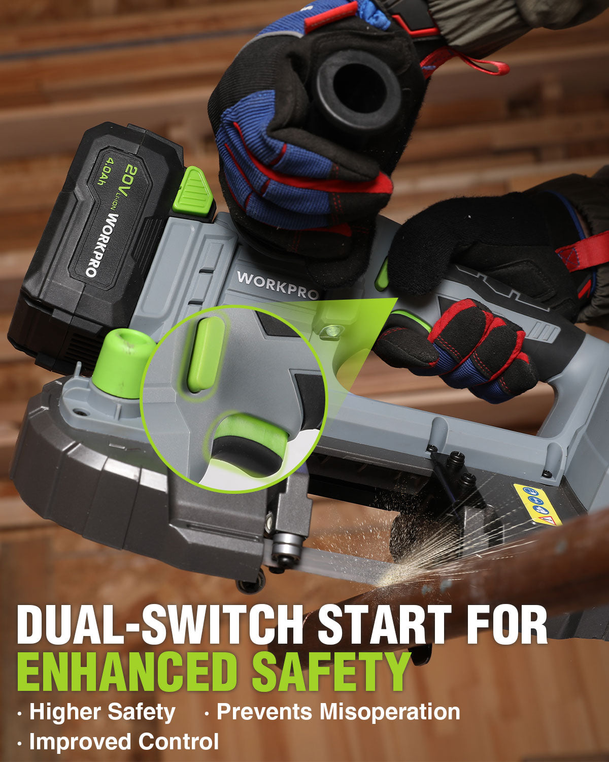 Cordless band saw with dual-switch start for enhanced safety, green control lever