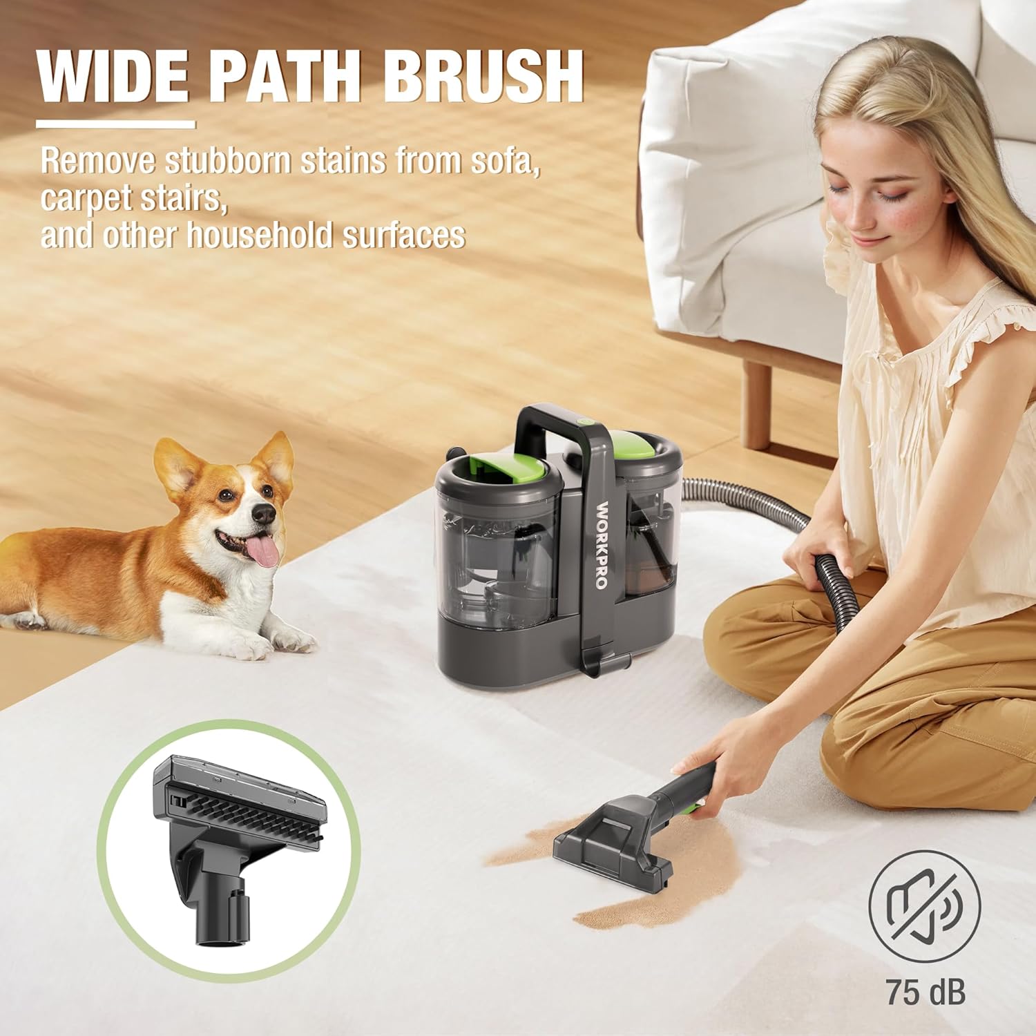 Portable carpet spot cleaner with wide path brush attachment, black and gray