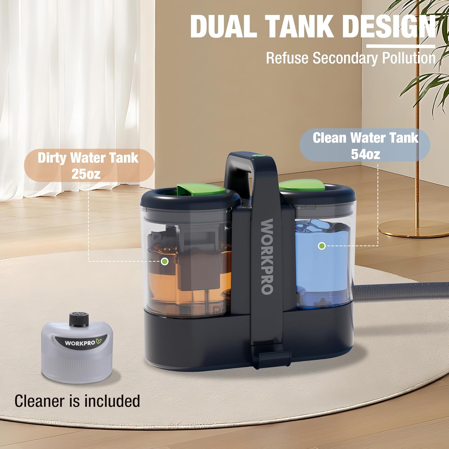 Dual-tank portable carpet cleaner with 54 oz water tank, black and green