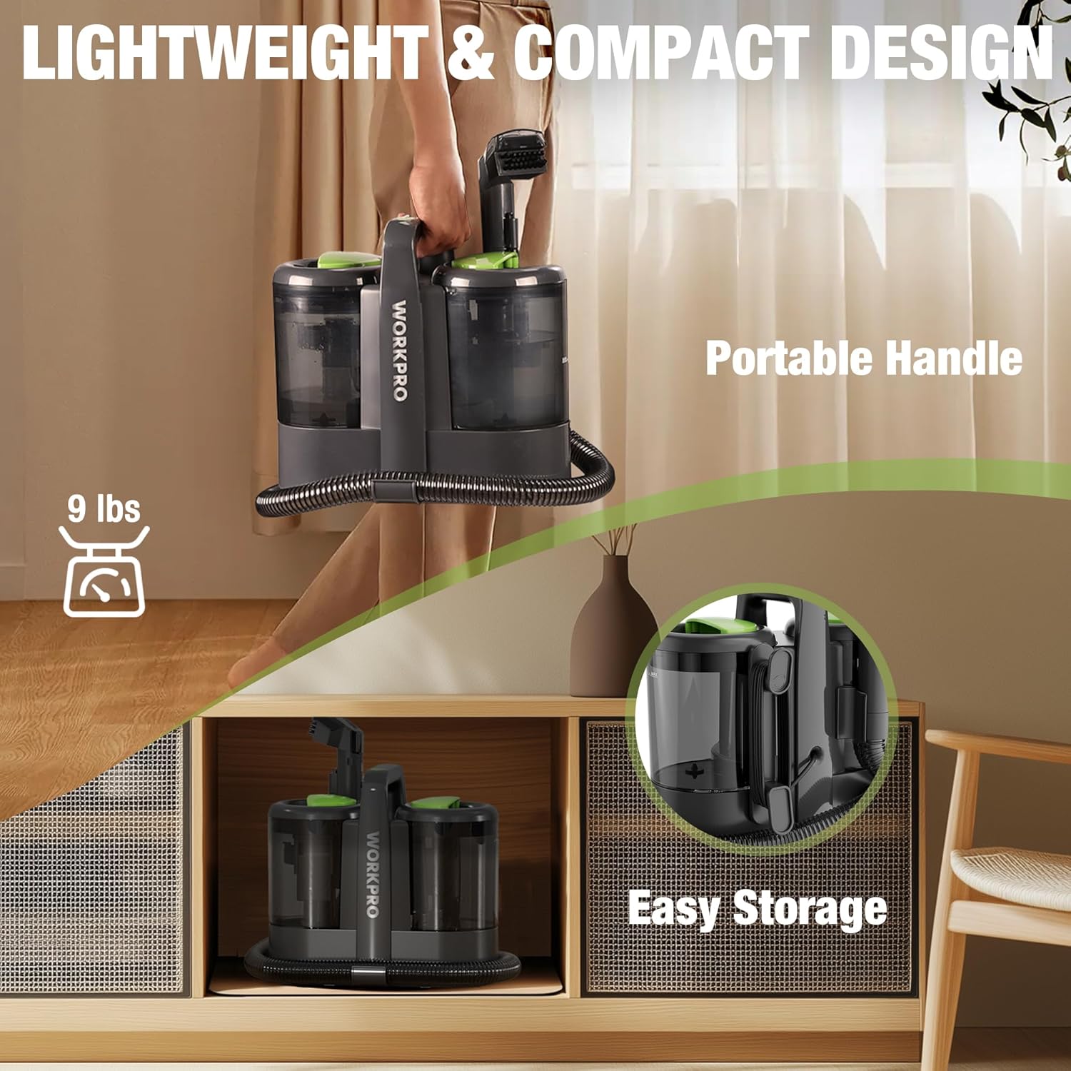 Compact portable carpet spot cleaner with carry handle and dual tanks, black and gray