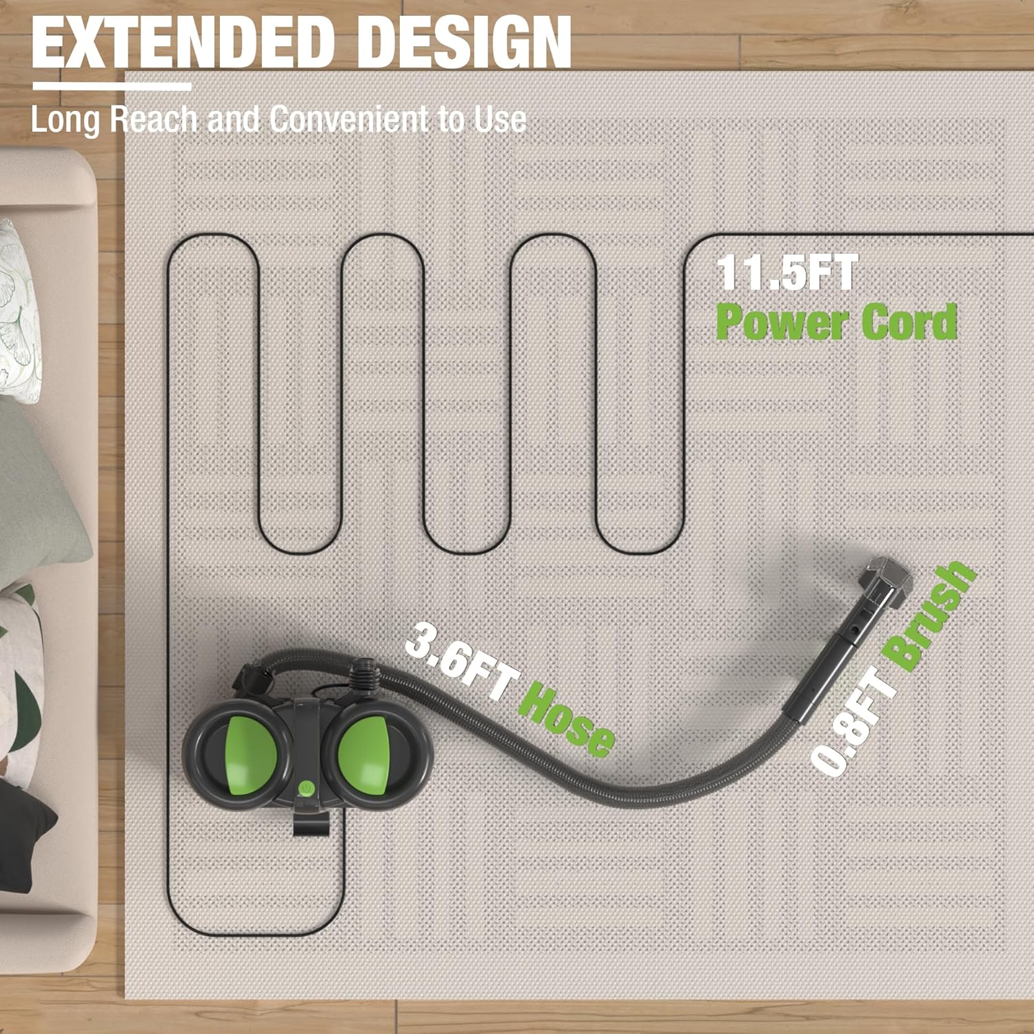 Portable carpet cleaner with long hose and power cord, black base with green accents