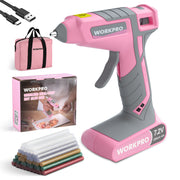 Pink cordless hot glue gun kit with gray trigger, included glue sticks and storage bag