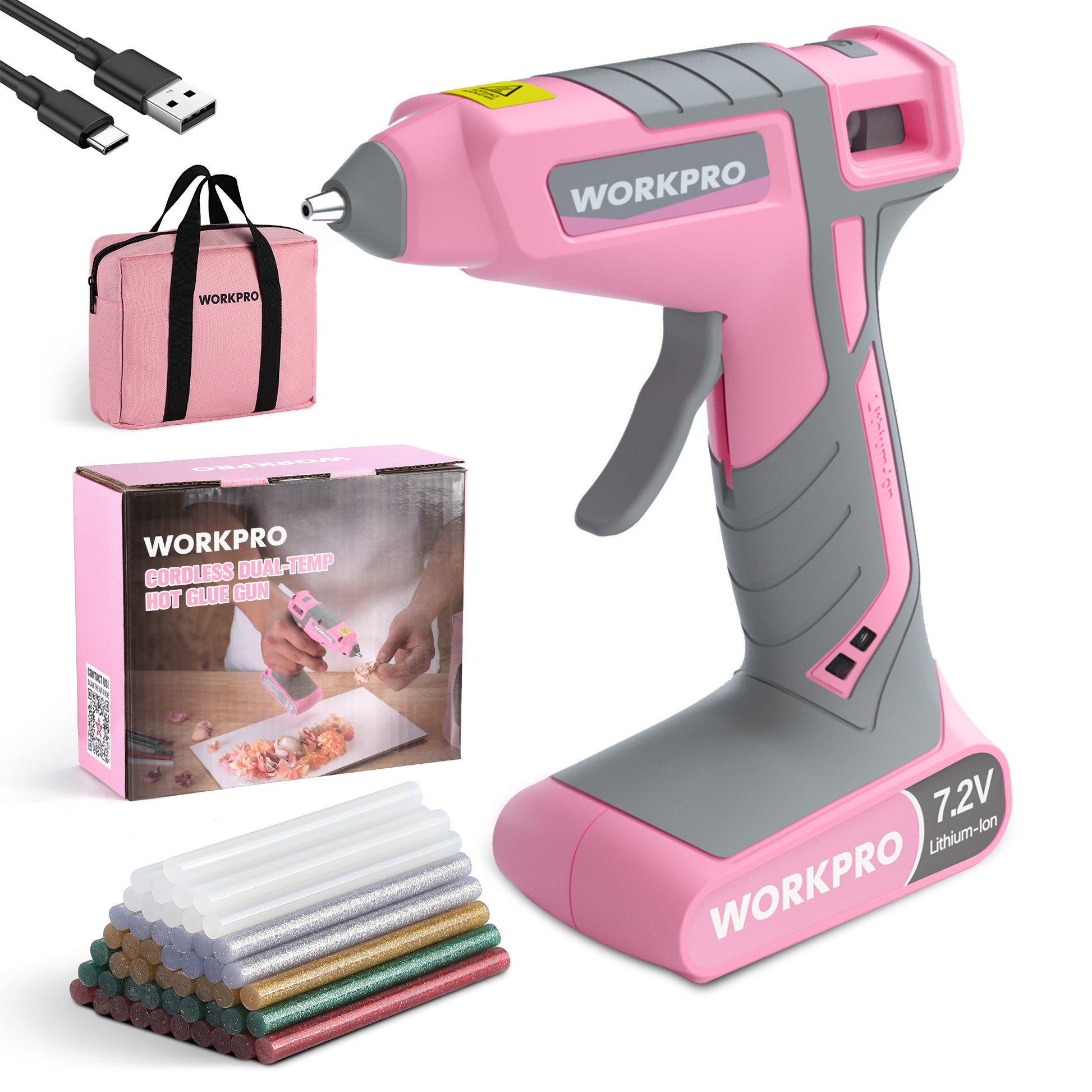 Pink cordless hot glue gun kit with gray trigger, included glue sticks and storage bag