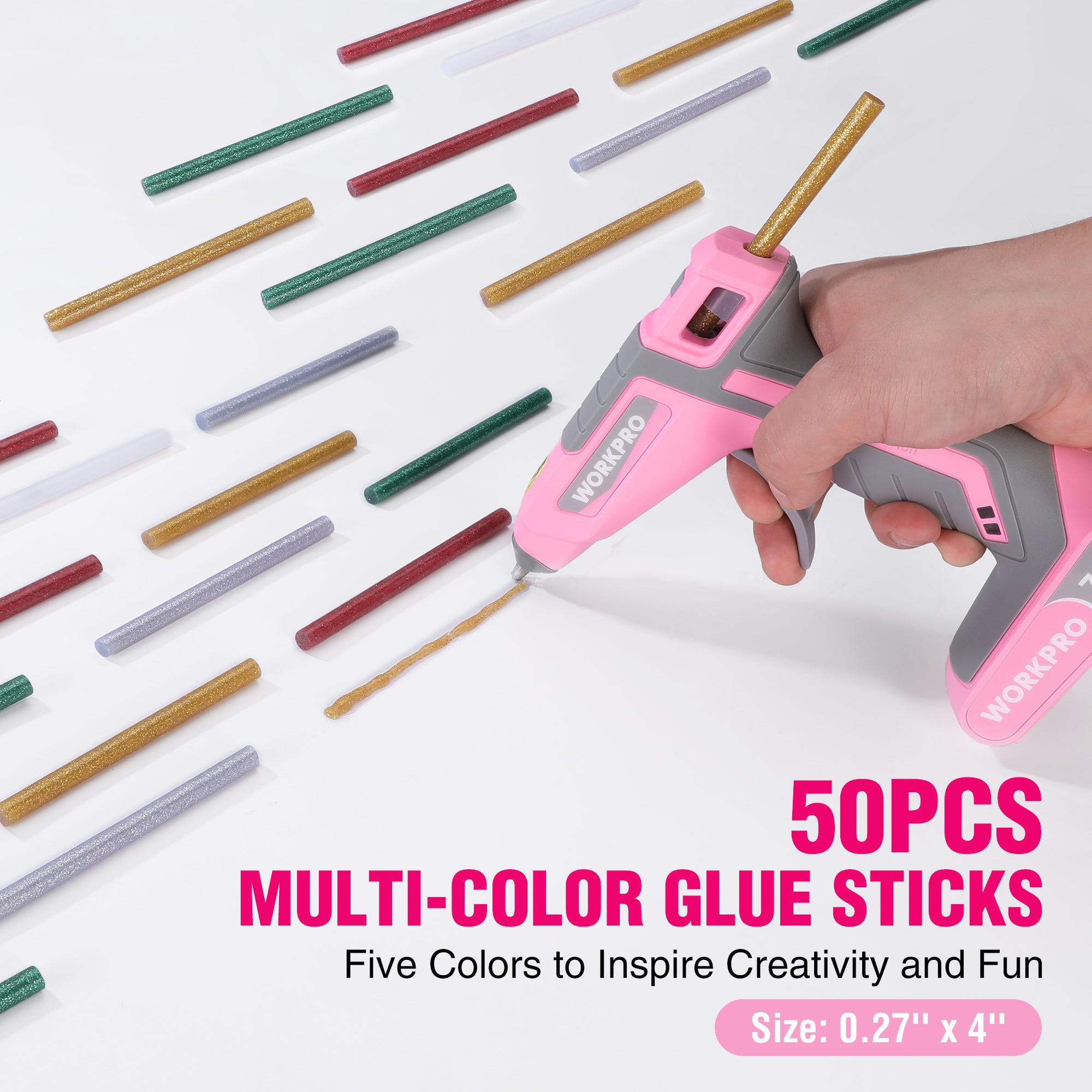 Pink hot glue gun held above multicolor glue sticks, assorted colored stick shafts