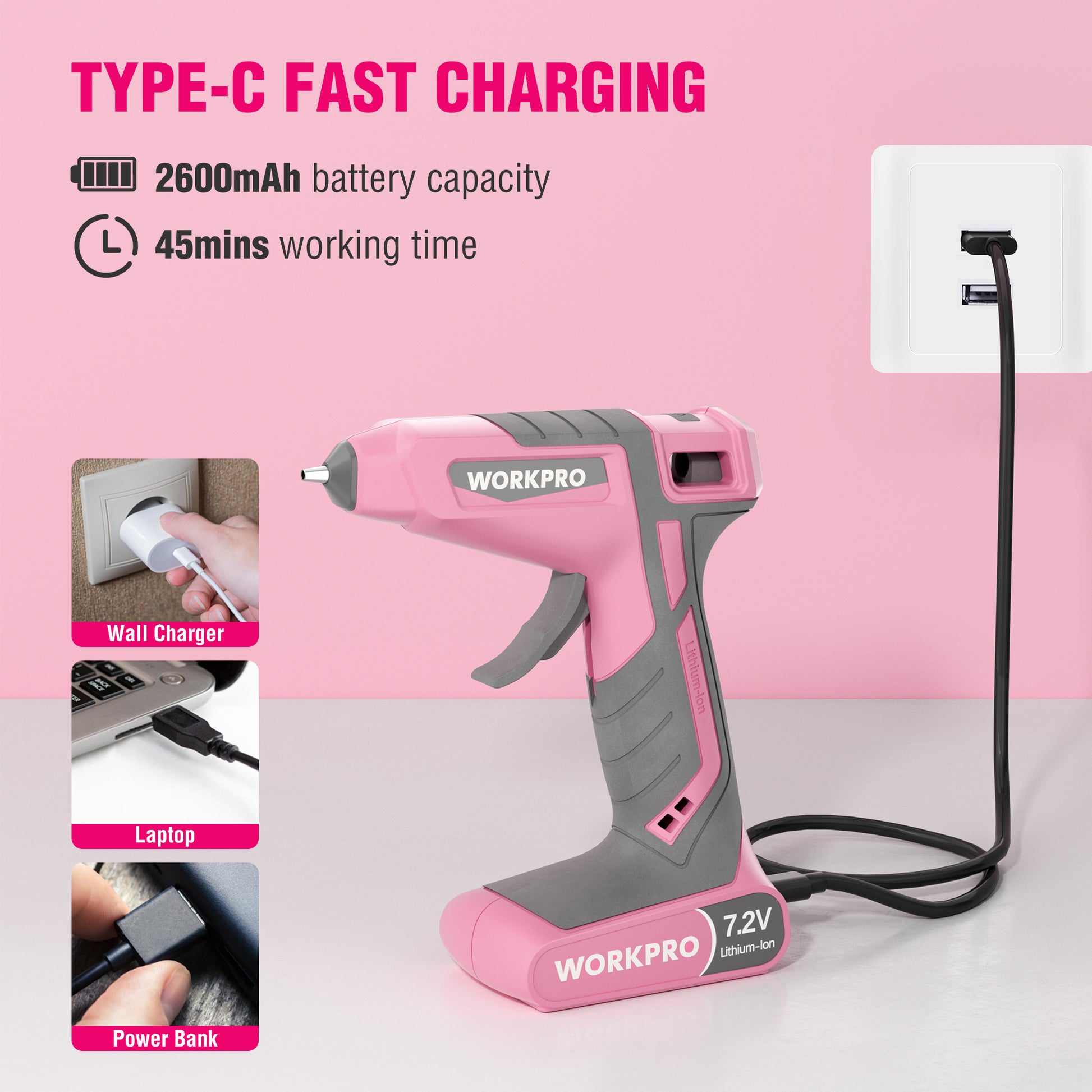 Pink cordless hot glue gun with black power cable, shown with USB-C charging