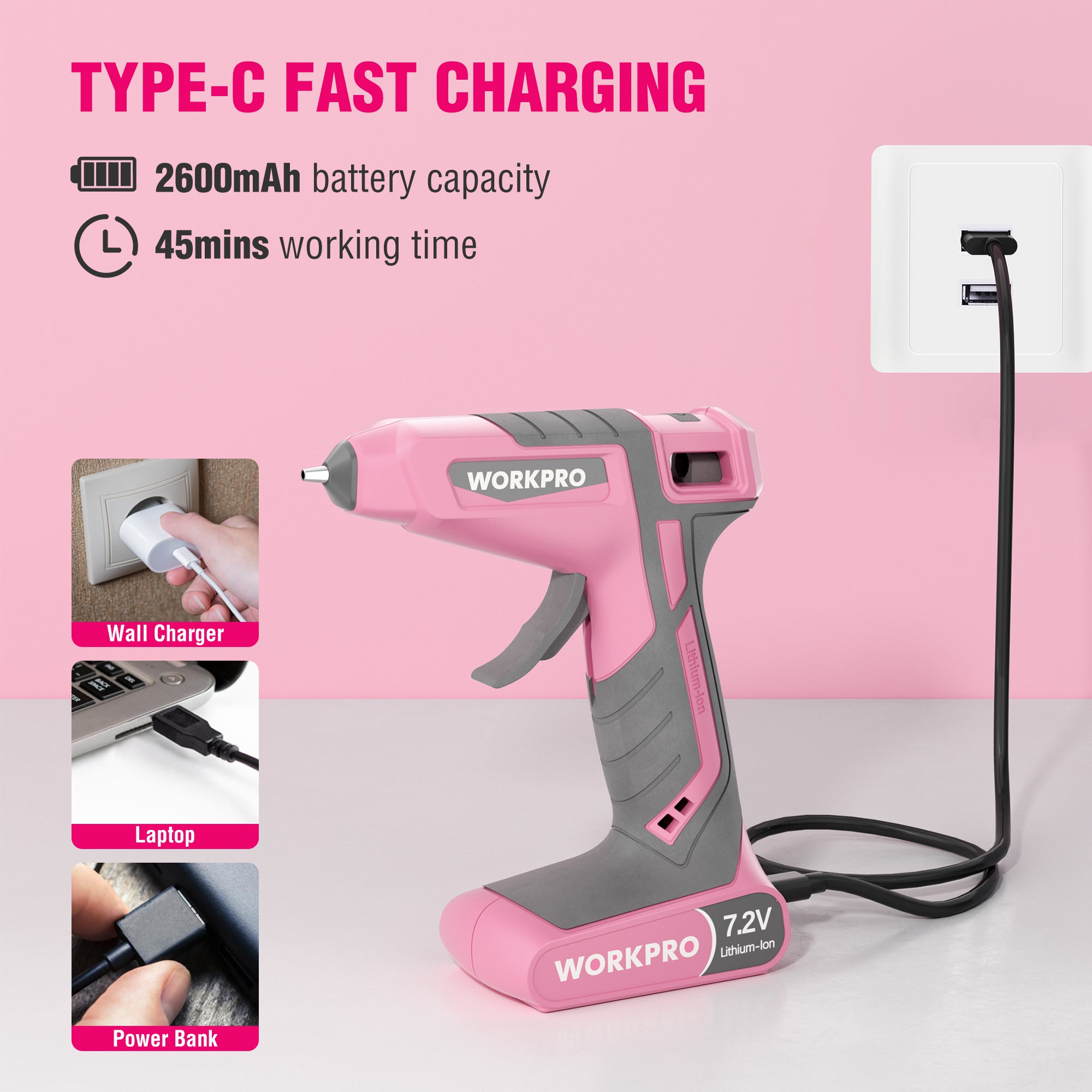 Pink cordless hot glue gun with black power cable, shown with USB-C charging