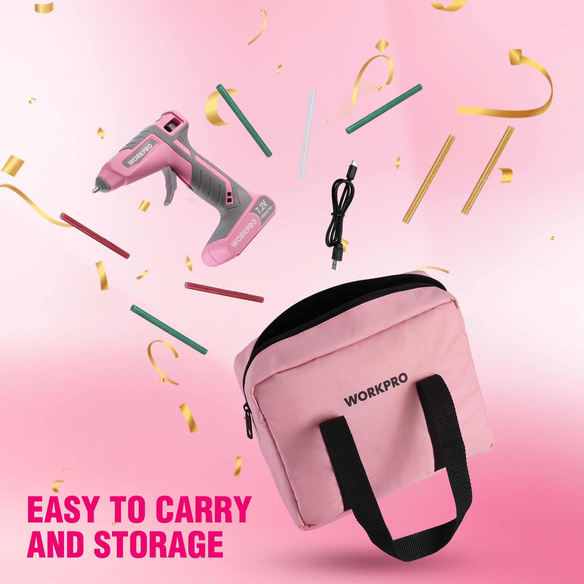 Pink cordless hot glue gun and matching zip storage bag, with shoulder strap