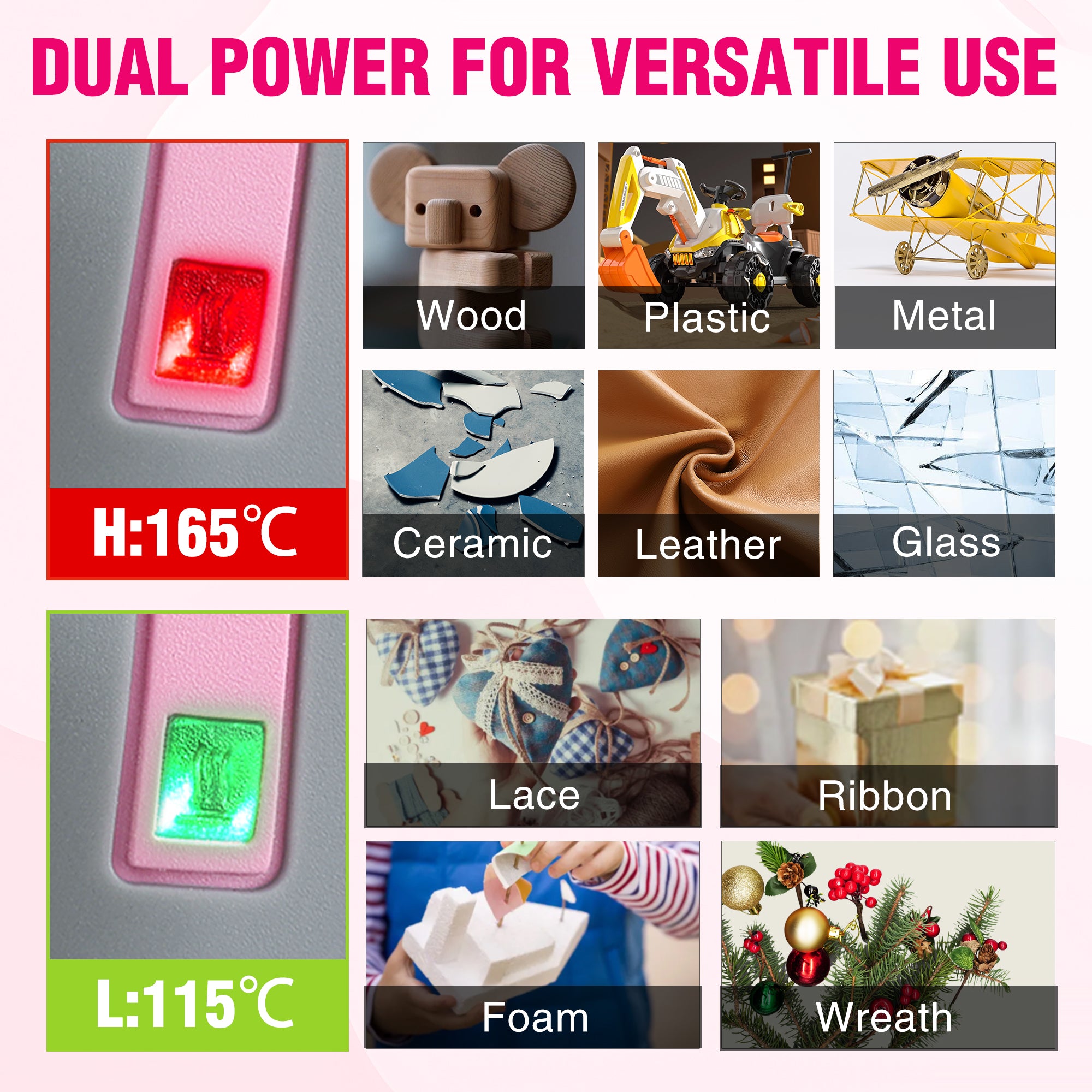 Pink dual-temp cordless hot glue gun with glowing indicator window and temperature labels