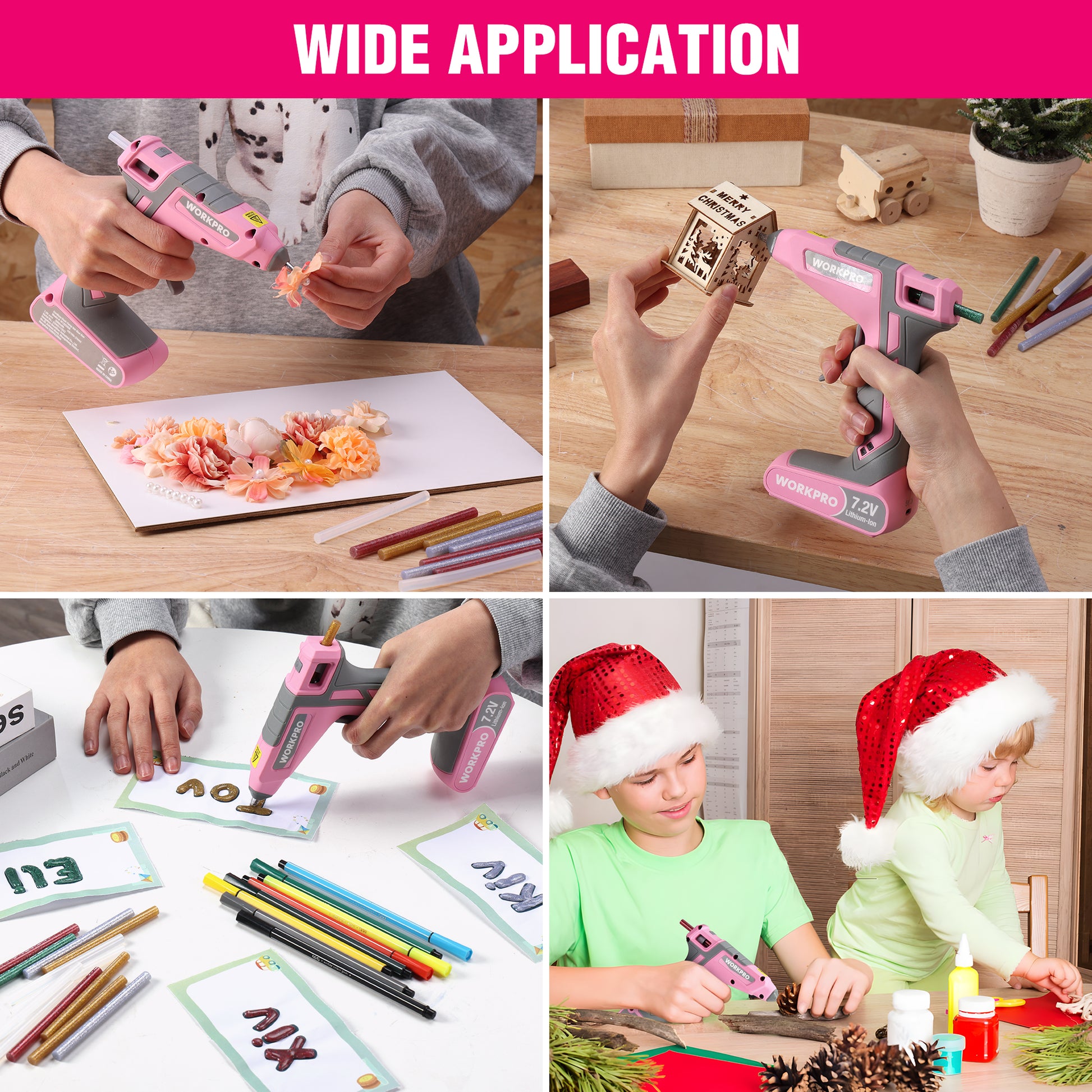 Pink cordless hot glue gun in use on crafts, hands applying glue to paper and decor