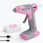 WORKPRO pink cordless hot melt glue gun with 20 mini glue sticks, rechargeable handheld