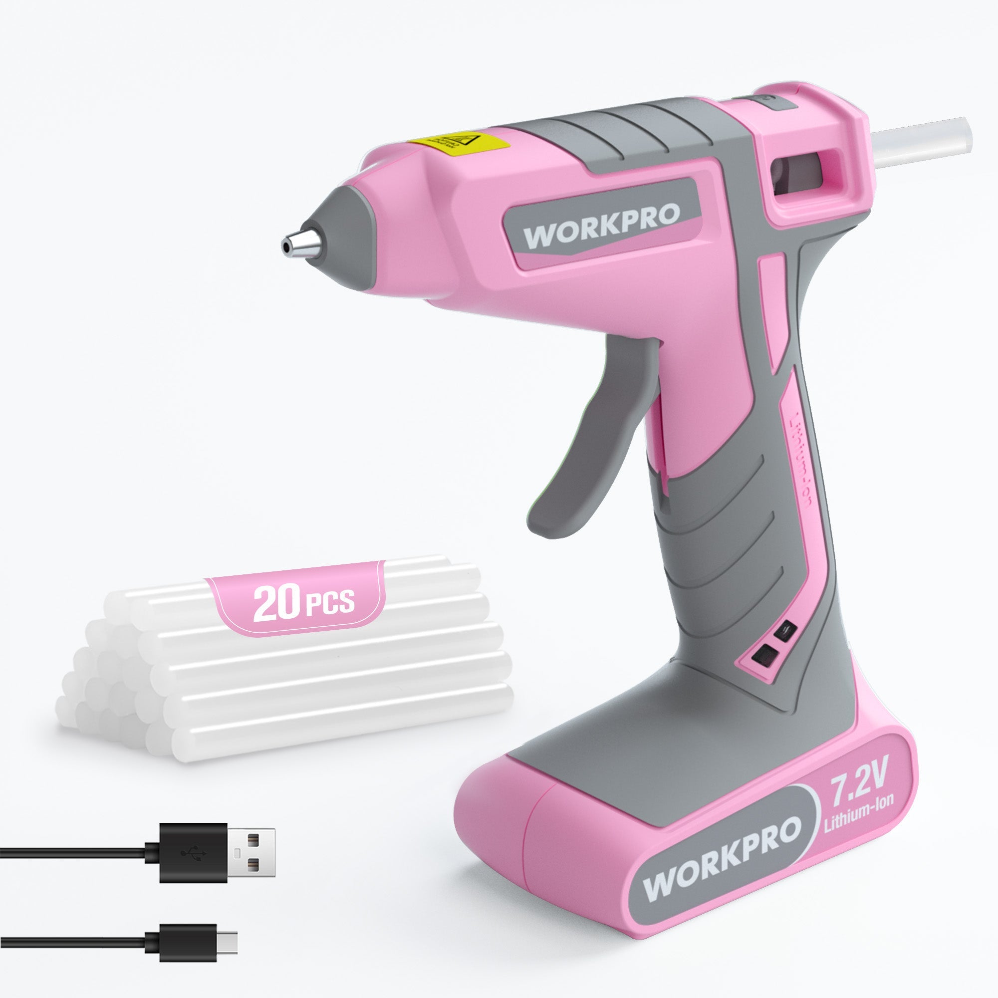WORKPRO Pink Cordless Hot Melt Glue Gun, 7.2V Rechargeable Fast Preheating Glue Gun Kit with 20 Pc Premium Mini Glue Stick, Automatic-Power-Off Hot Glue Gun for Art, Craft, Decoration - Pink Ribbon
