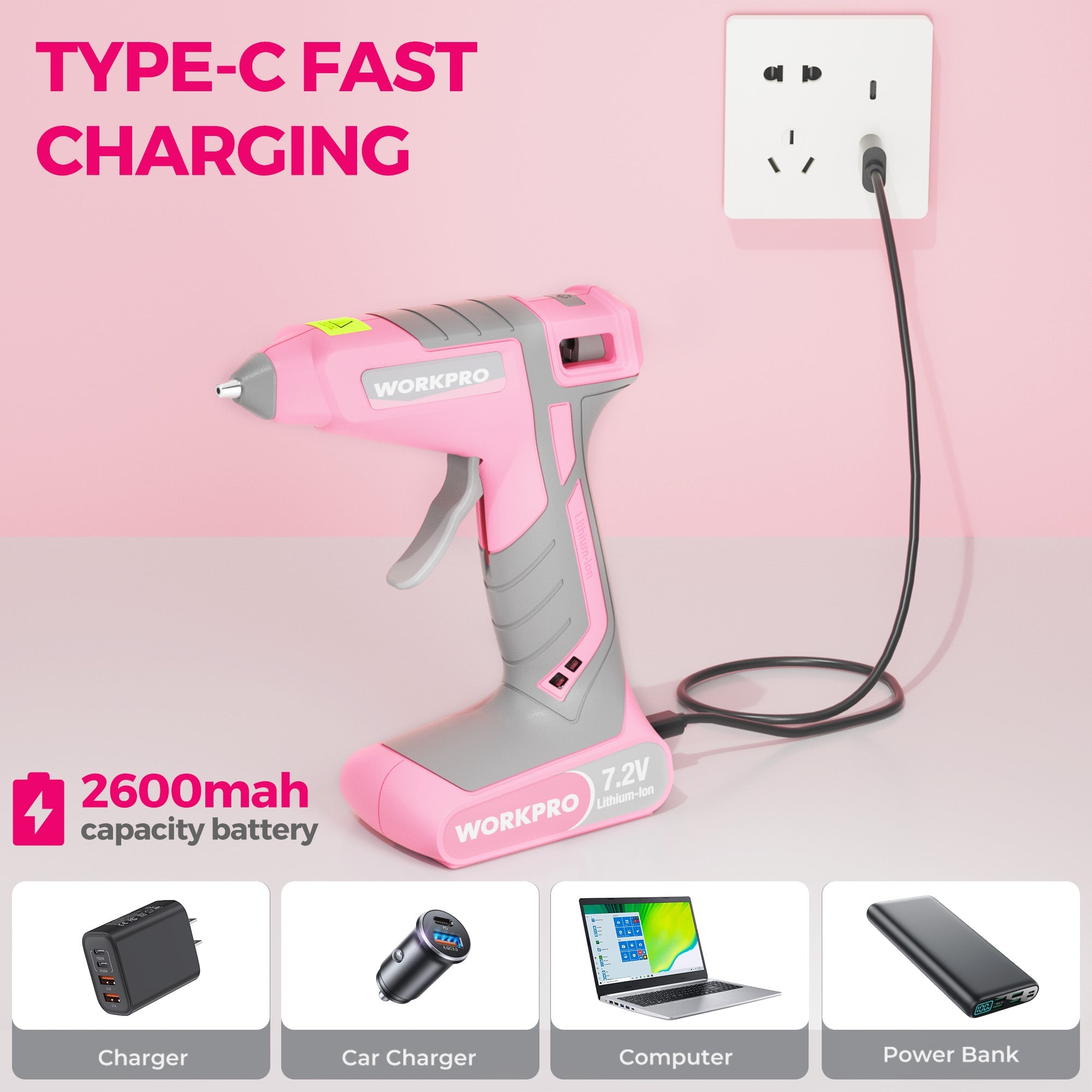WORKPRO pink cordless hot melt glue gun with charging cable and 7.2V battery base
