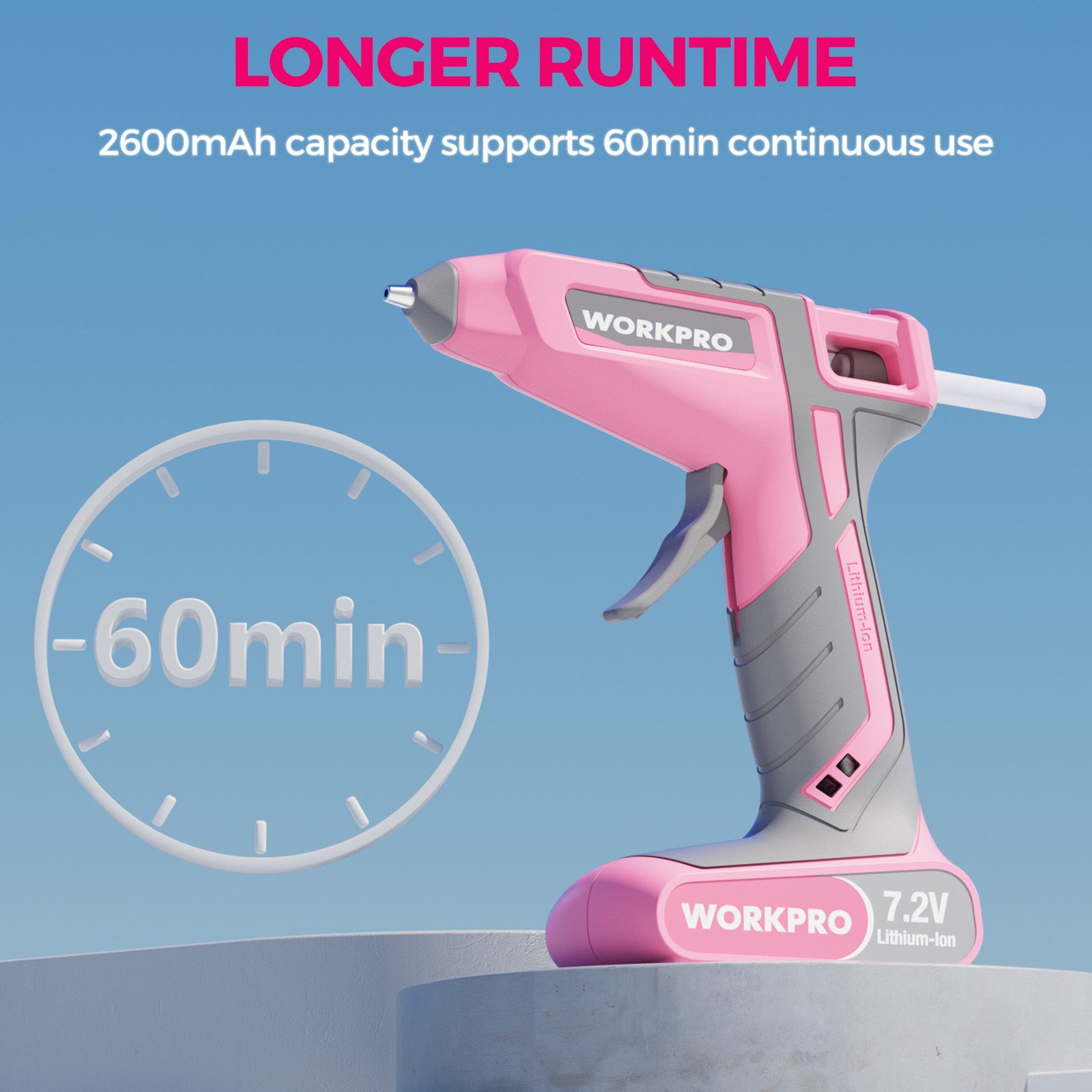WORKPRO pink cordless hot melt glue gun resting upright on base, gray grip details
