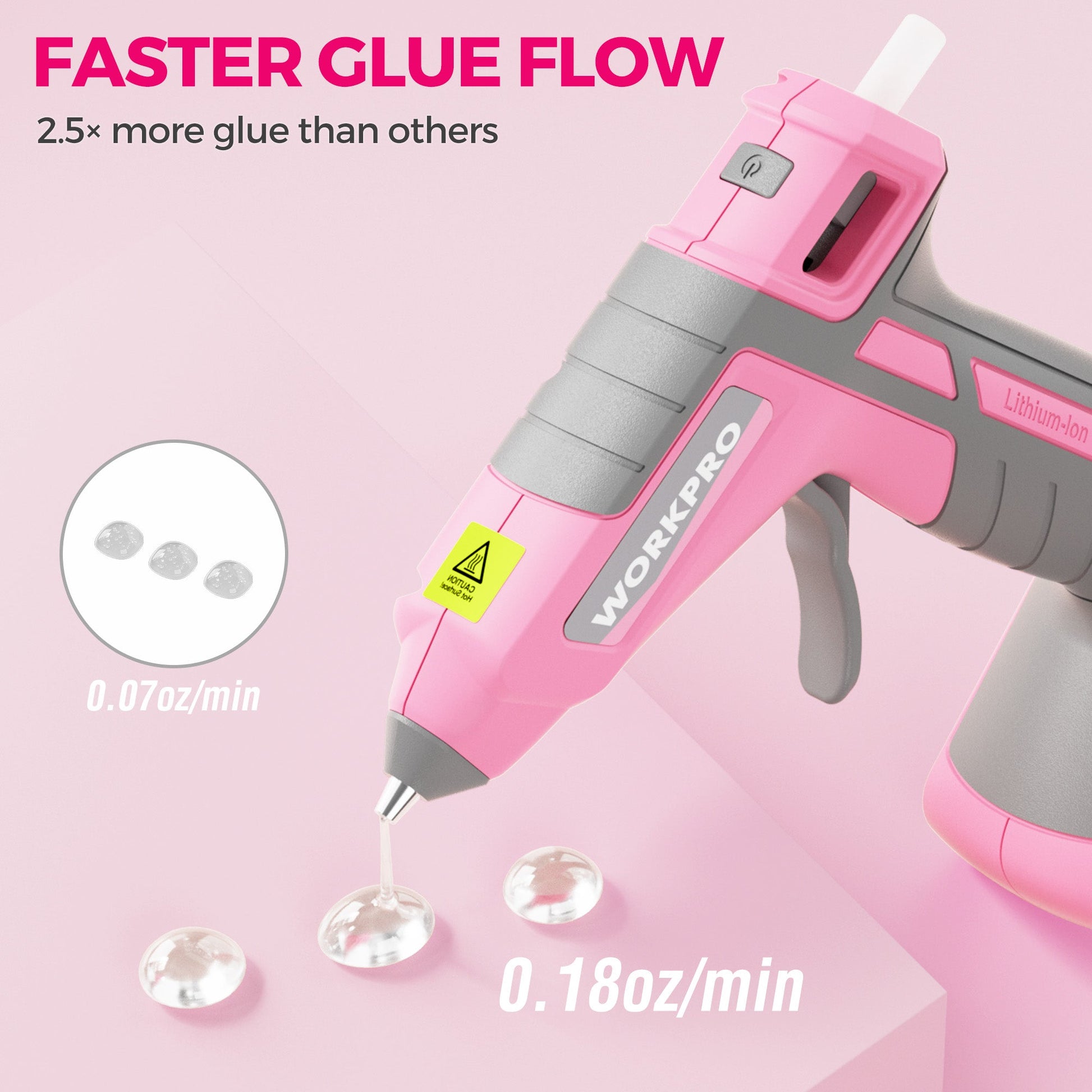 WORKPRO pink cordless hot melt glue gun releasing a small bead of hot glue