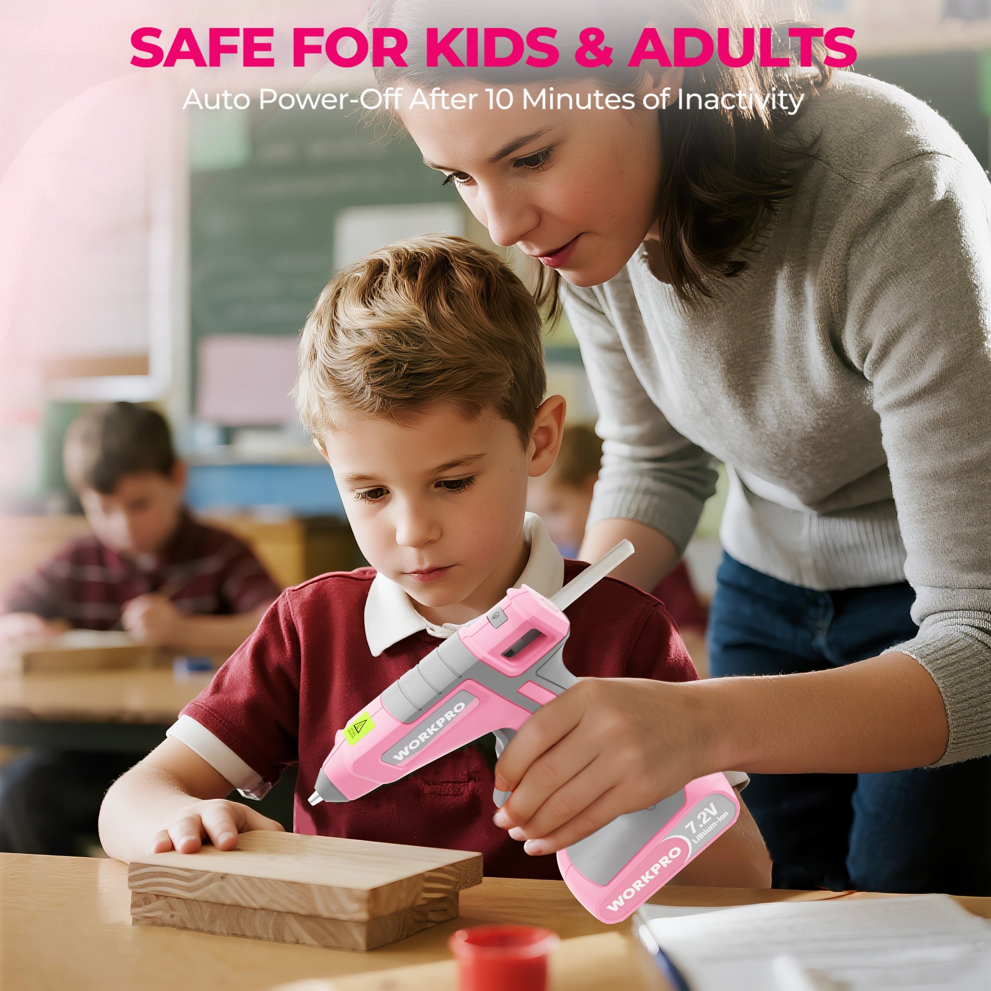 WORKPRO pink cordless hot melt glue gun in use by a child, handheld craft applicator