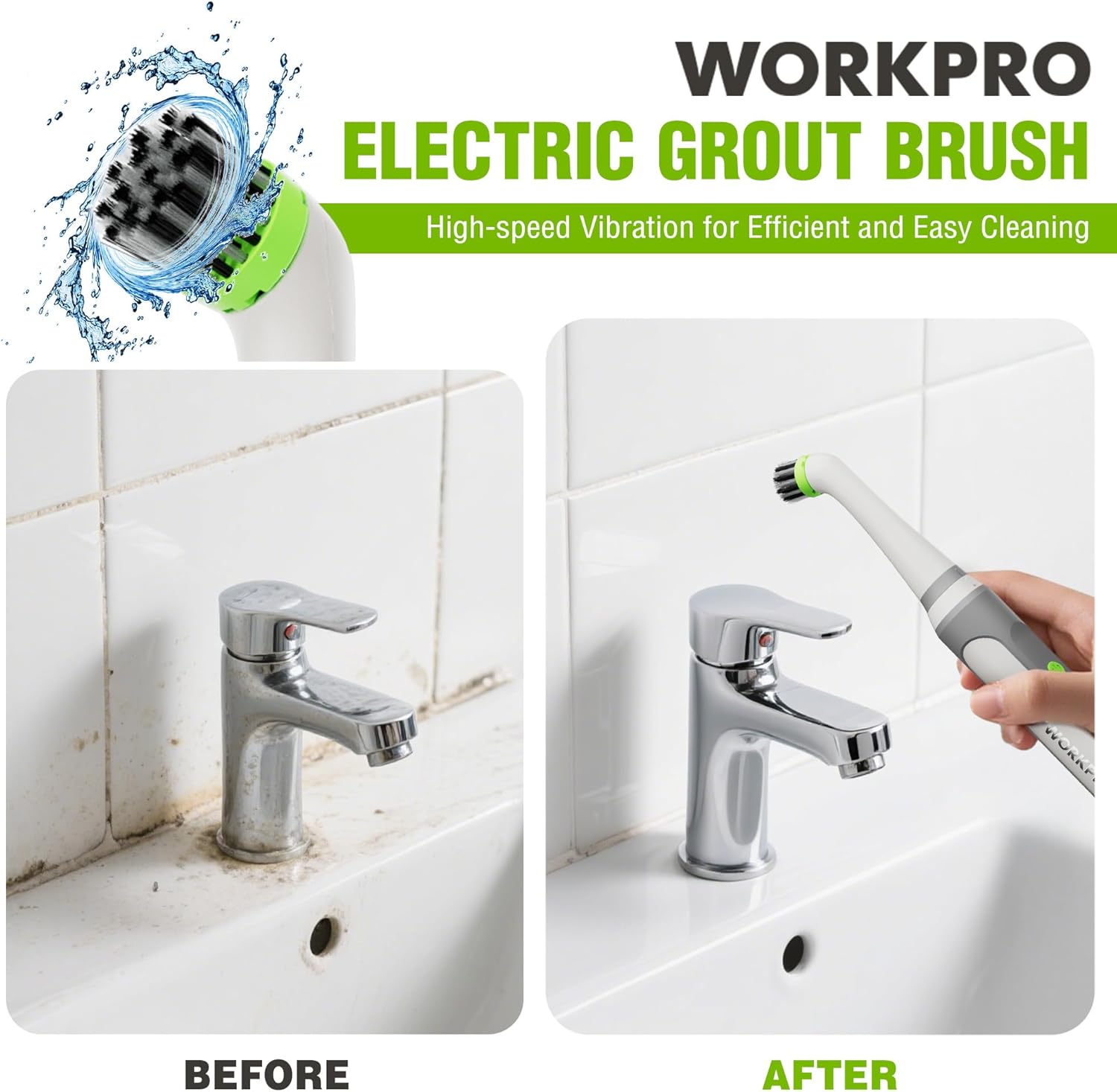 Electric grout scrubber brushing tile grout near a sink faucet with rotating head
