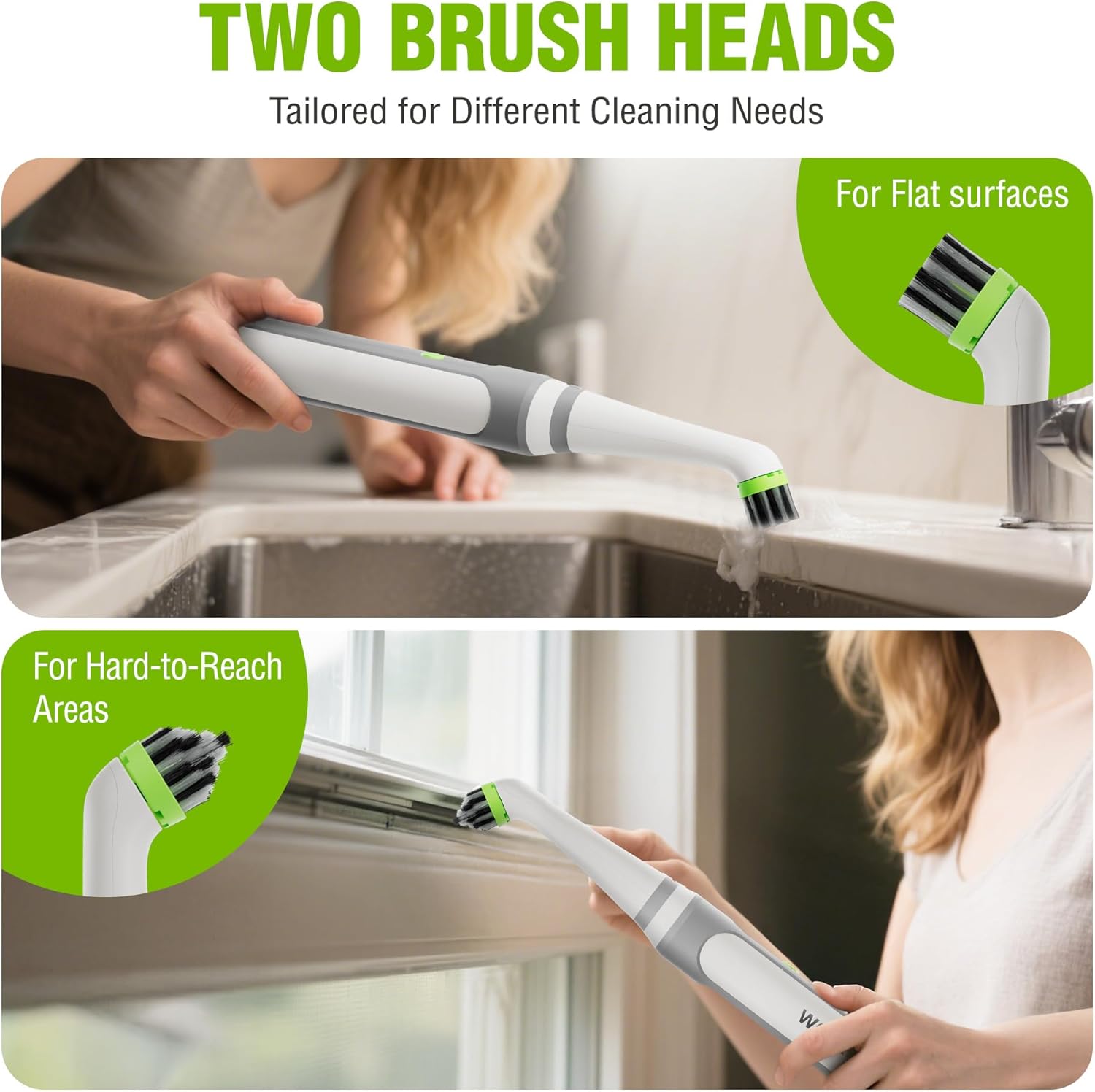 Electric grout scrubber with two brush heads for flat areas and hard-to-reach spots