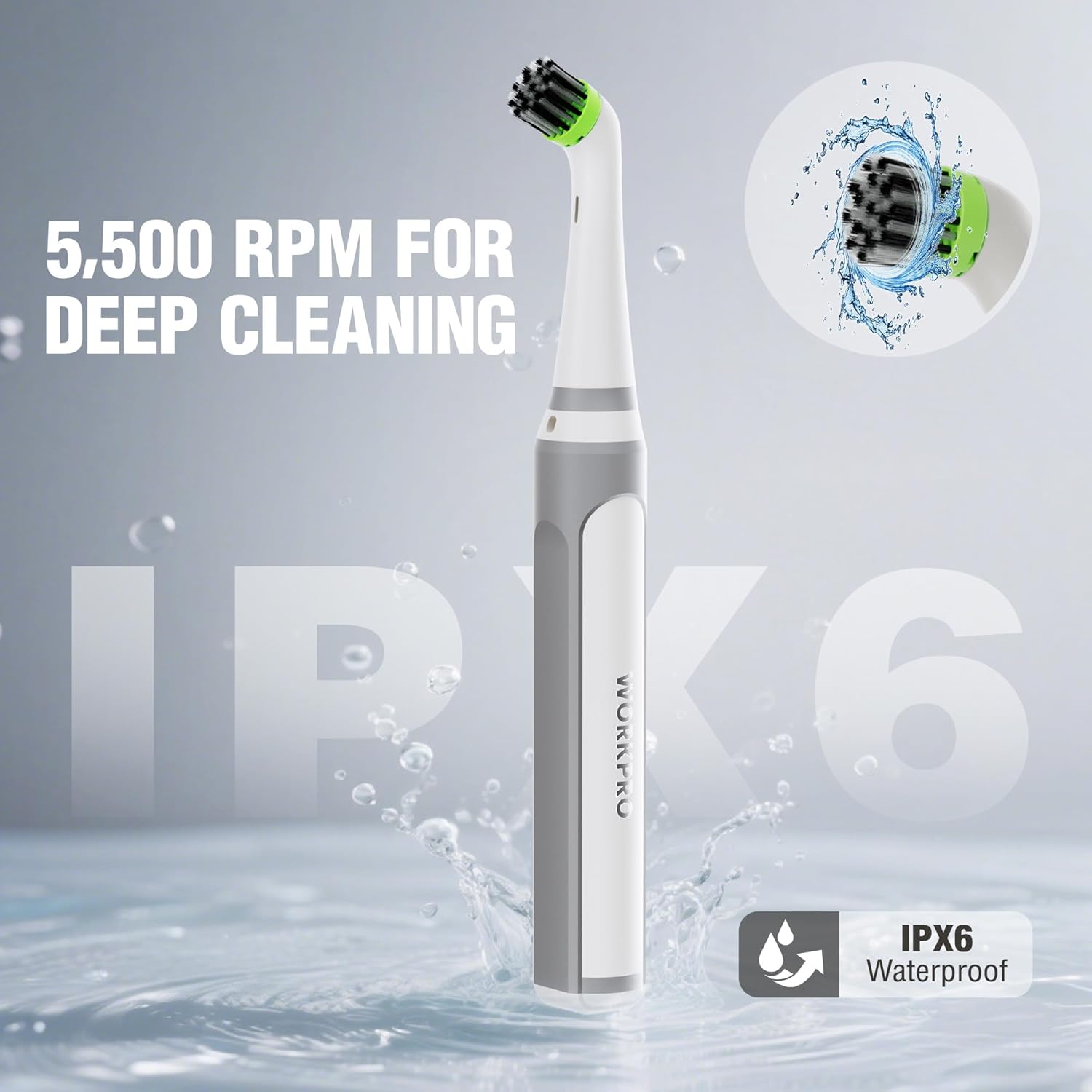 Cordless electric grout scrubber with green brush head, IPX6 waterproof design