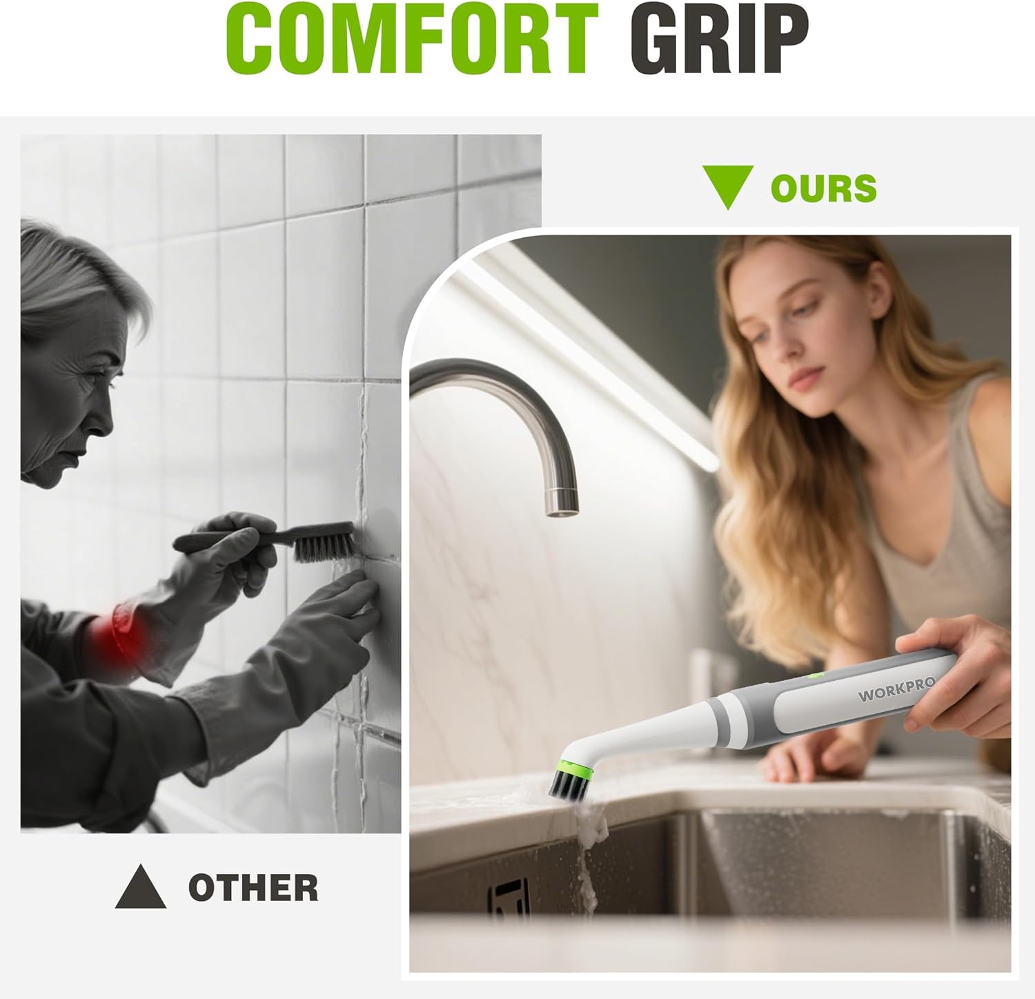 Electric grout scrubber with ergonomic grip and rotating brush for tile and grout