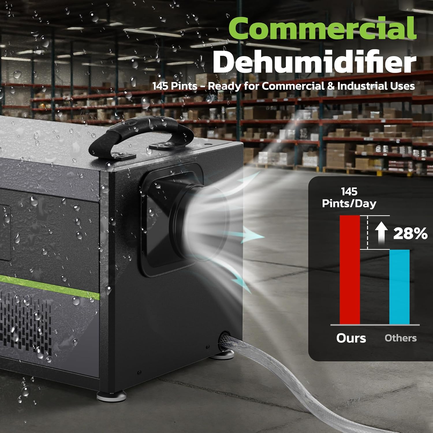 Commercial crawl space dehumidifier with side air outlet and clear drain hose