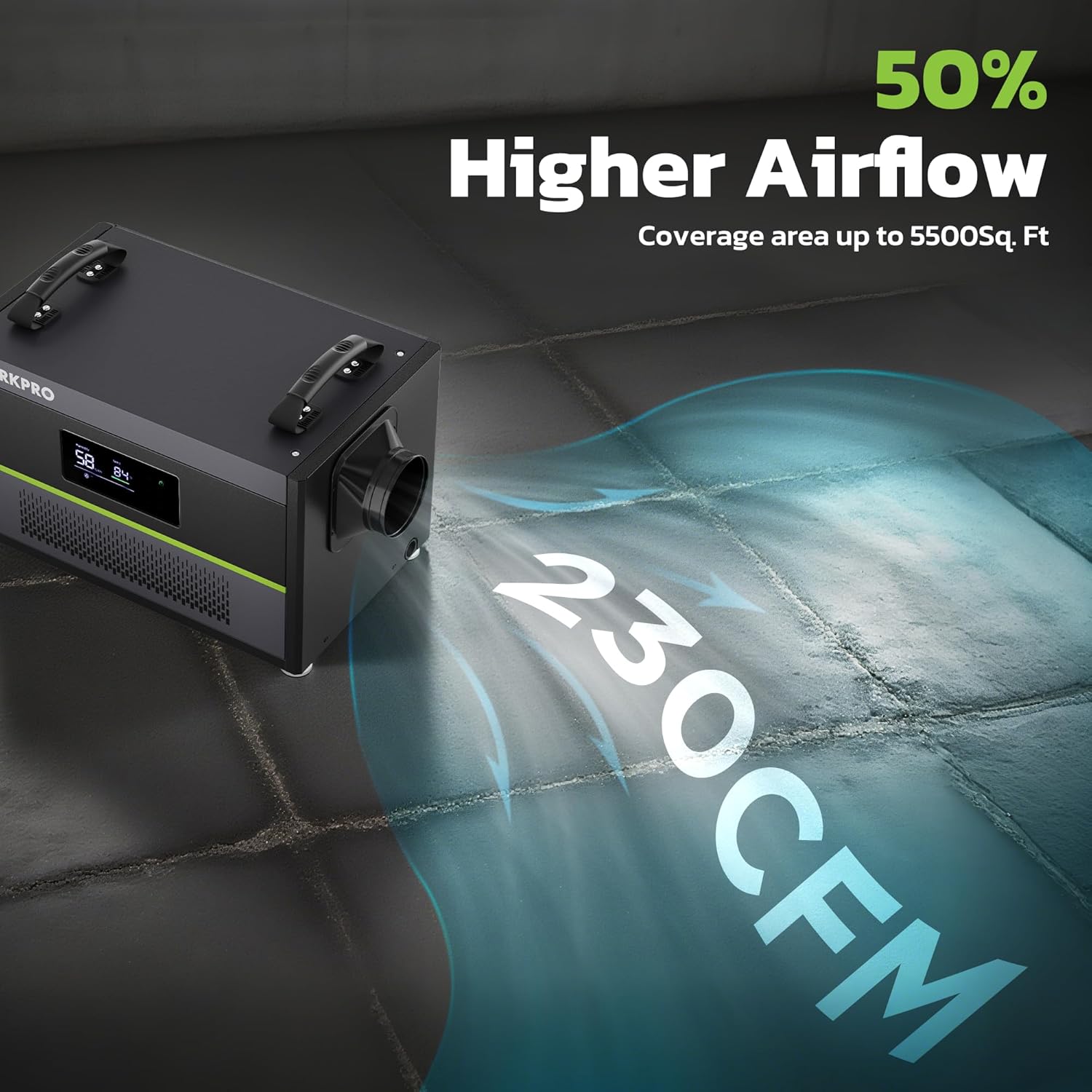 Portable dehumidifier unit showing airflow on floor with side outlet and handles