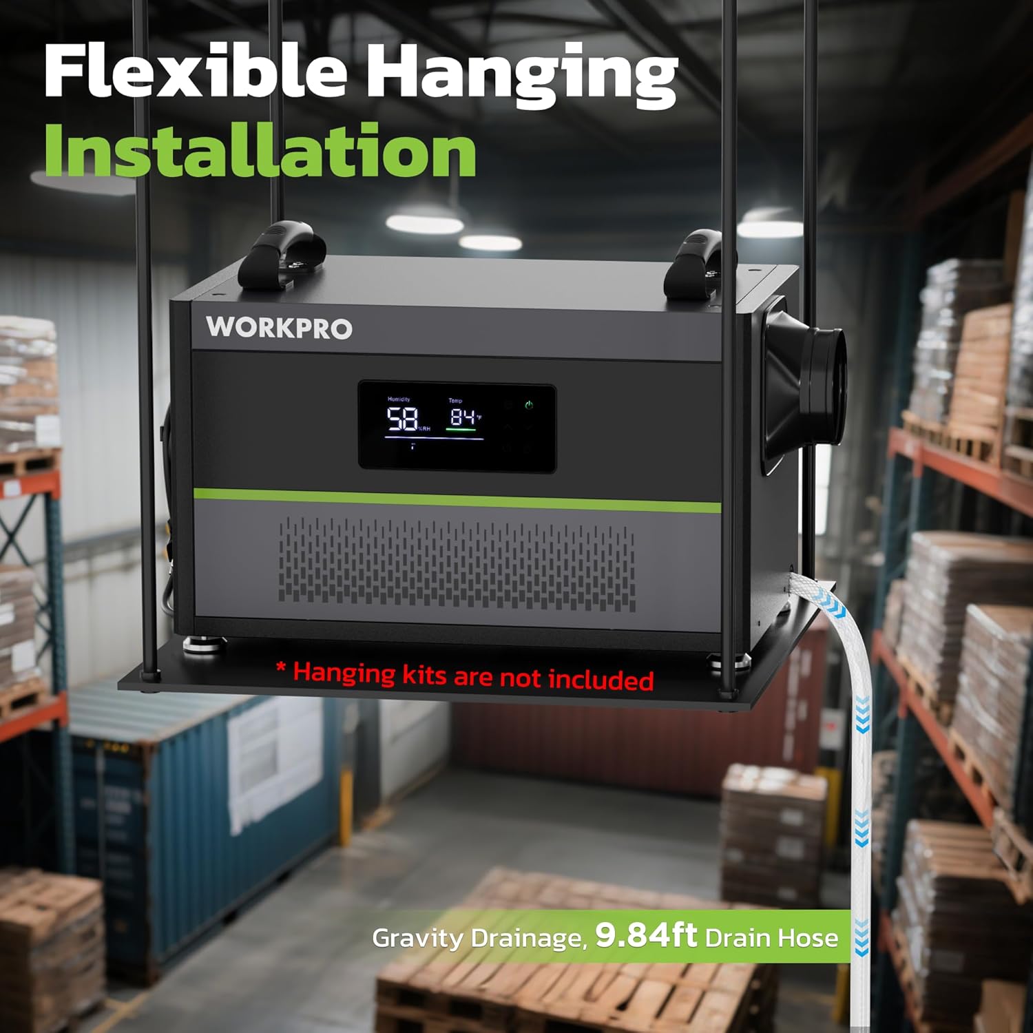Black hanging-style dehumidifier with digital display and drain hose connection