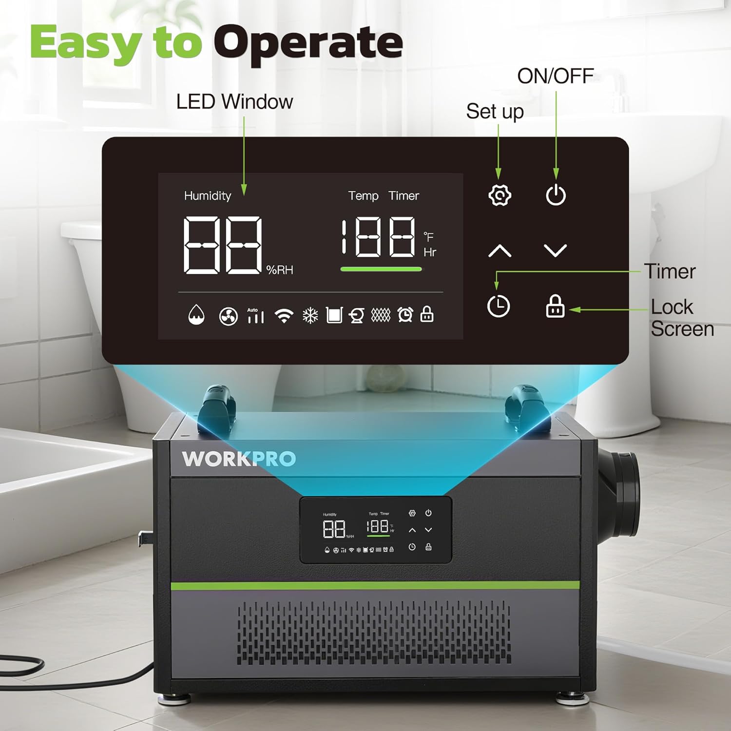 Dehumidifier with front control panel, ON/OFF controls, and integrated drain outlet