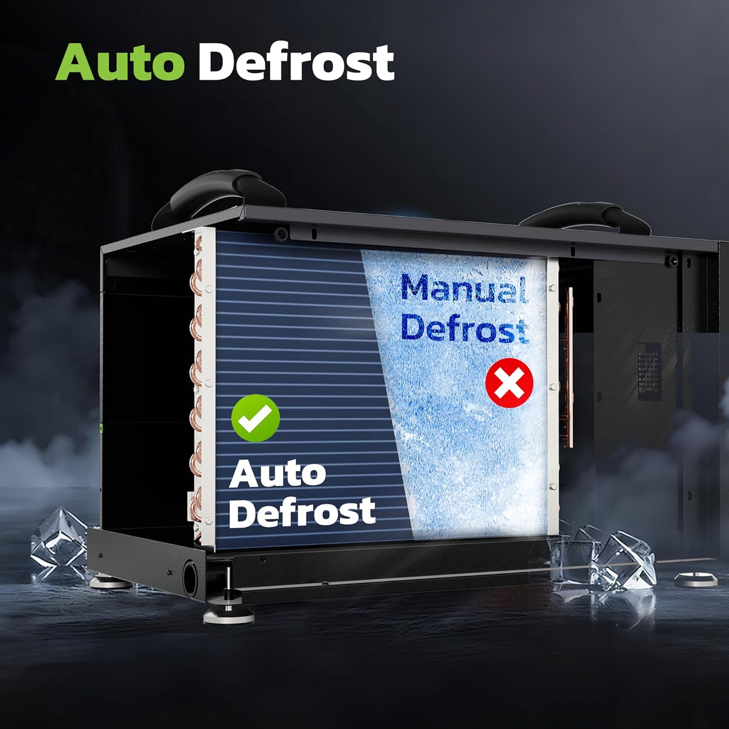 Dehumidifier featuring auto defrost design with front view of open unit