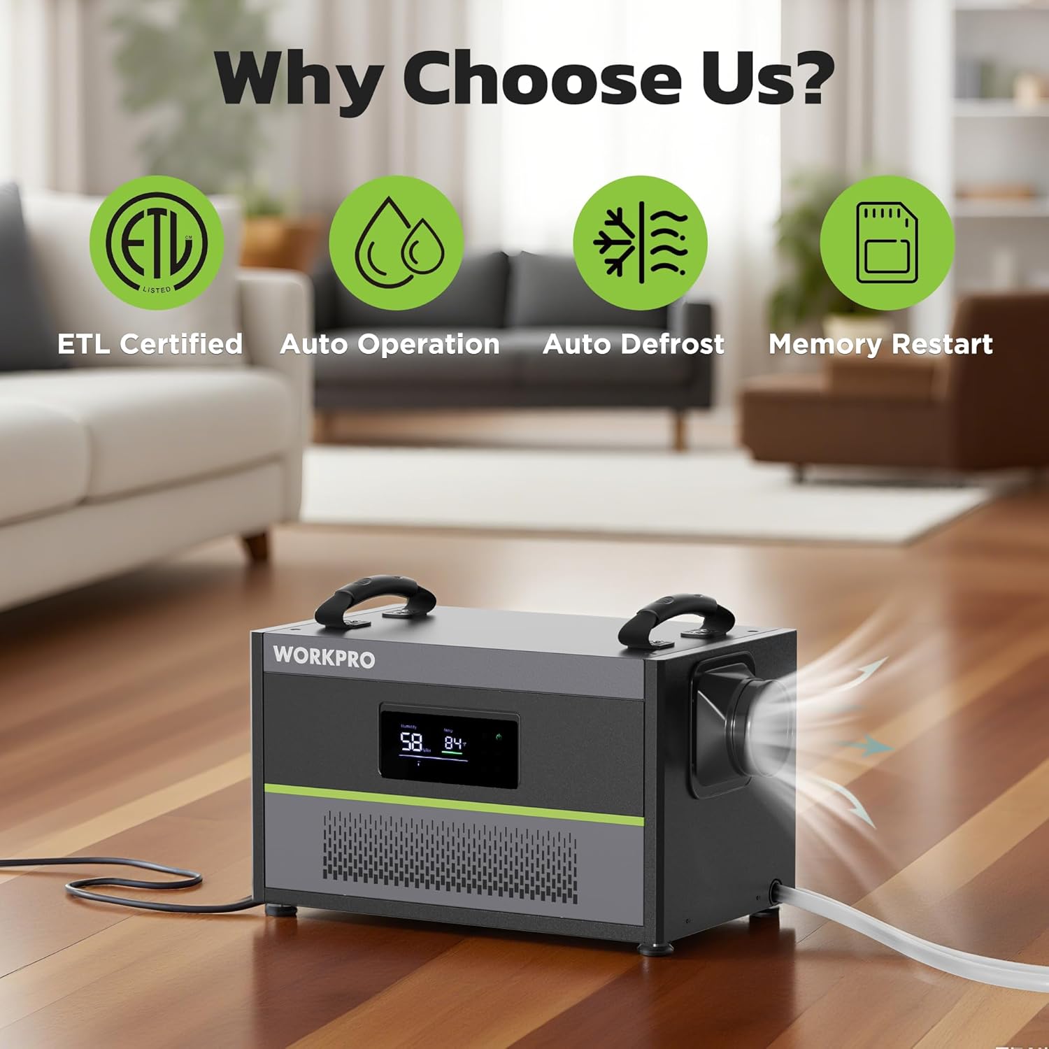 Dehumidifier on floor with front control screen and side air outlet connection