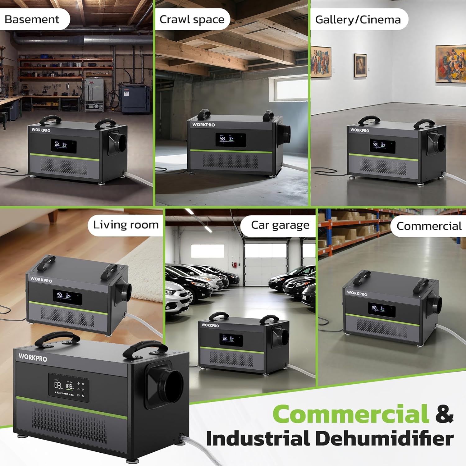 Commercial dehumidifier shown in multiple room settings with side air outlet