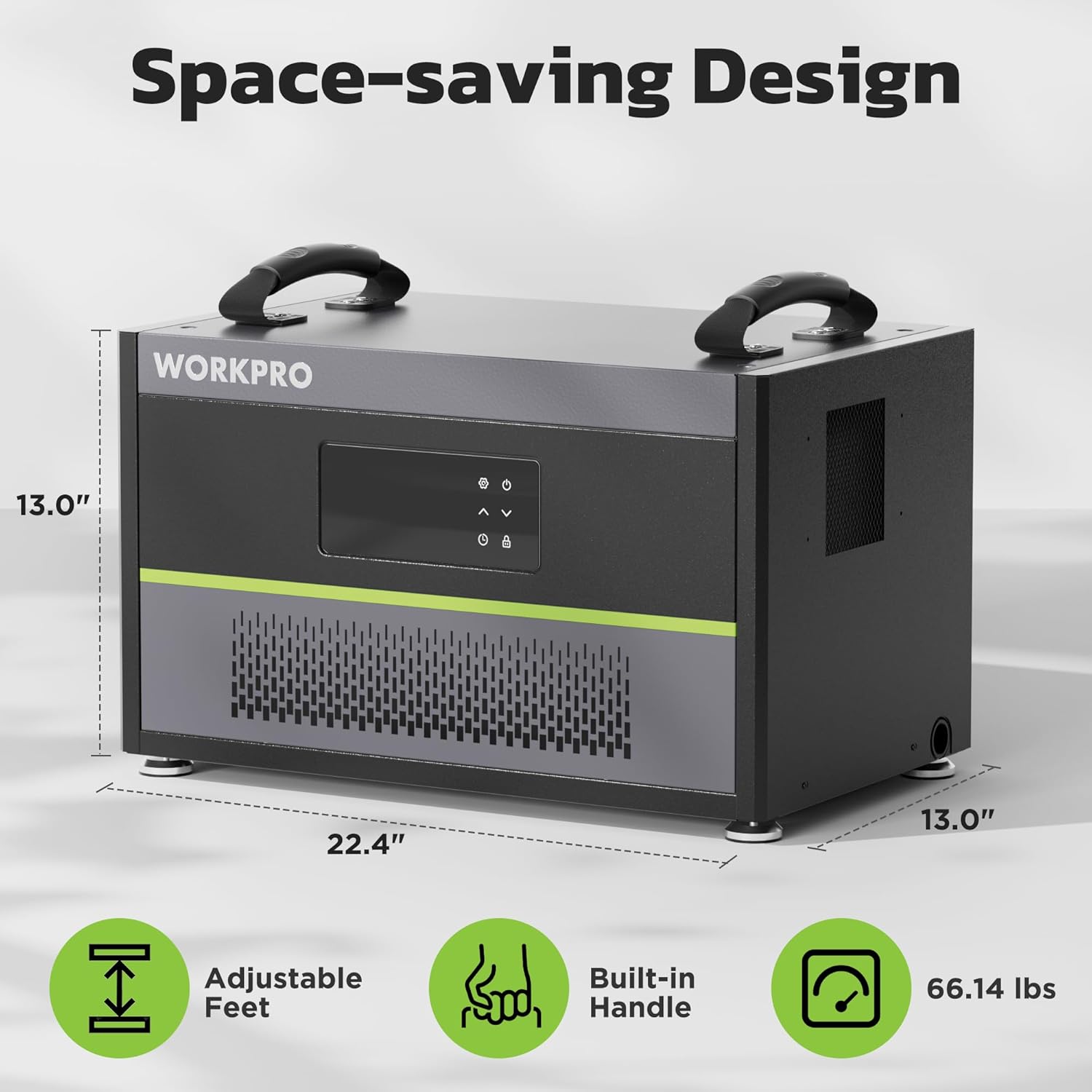 Space-saving dehumidifier with top handles and front vents, shown with dimensions