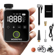 WORKPRO mini air pump kit with digital display and included nozzles, hose, and bag
