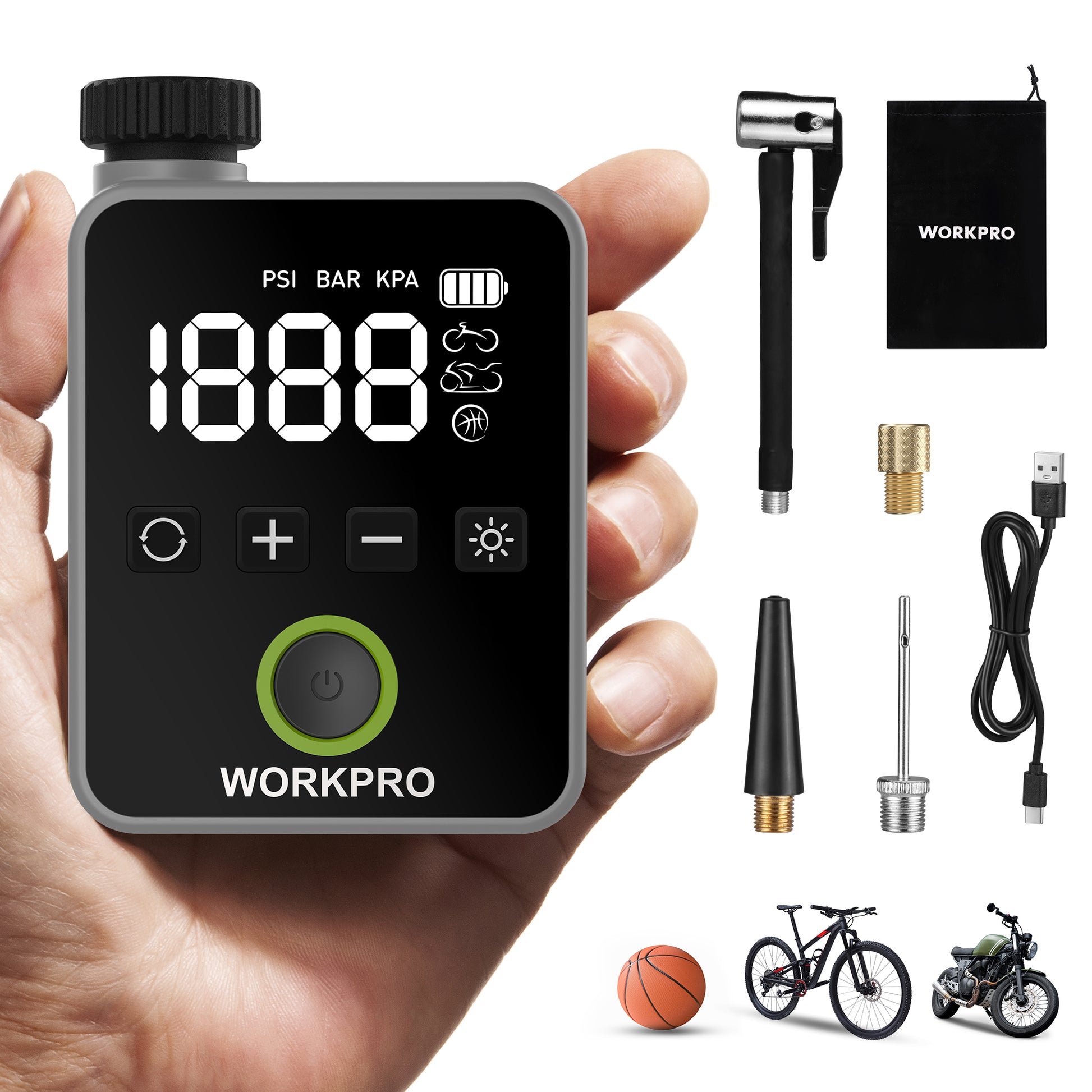 WORKPRO mini air pump kit with digital display and included nozzles, hose, and bag