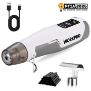 Workpro 7.2V cordless mini heat gun in white and gray with a smooth metal nozzle, attached cable and innovation award.