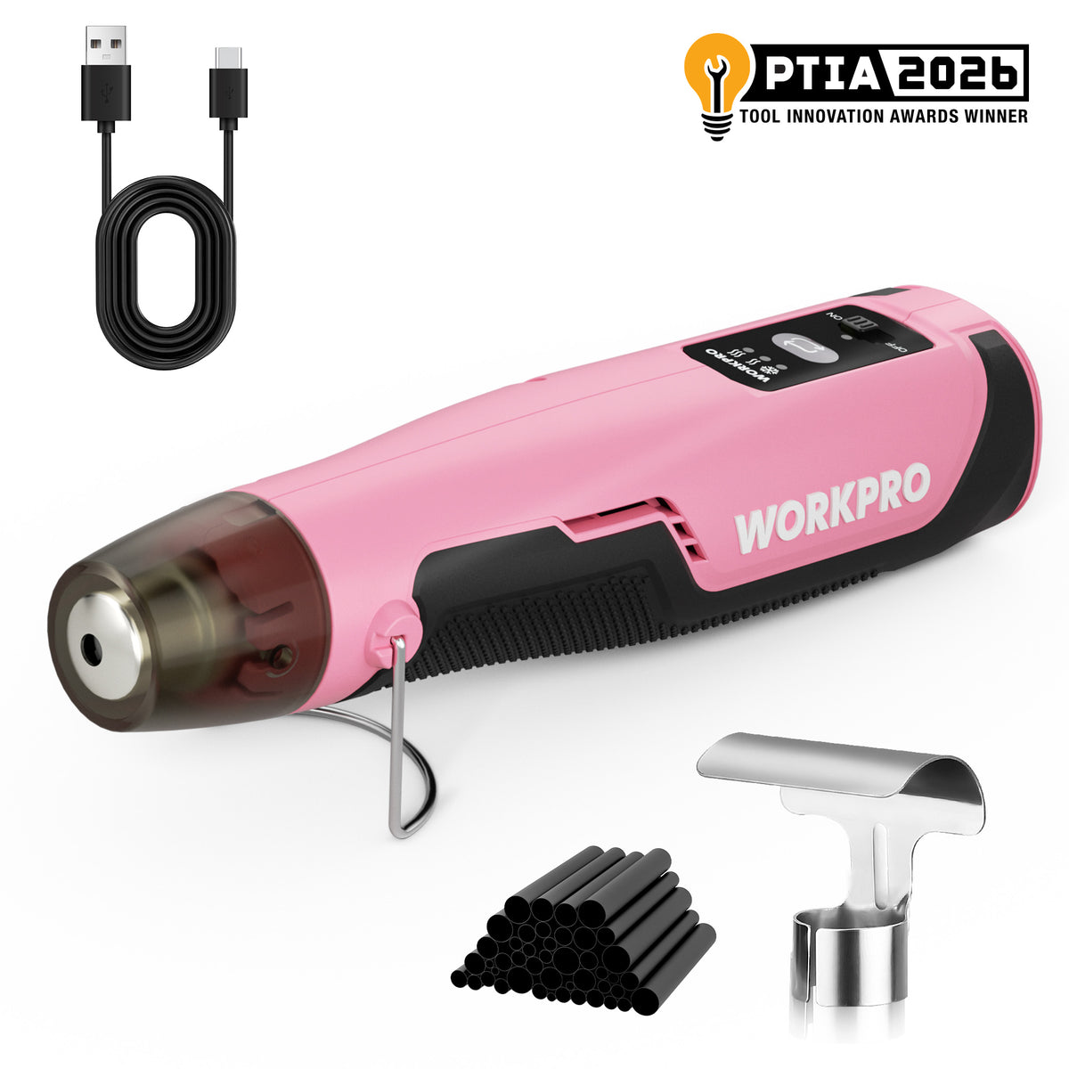 WORKPRO 7.2V Cordless Mini Heat Gun for DIY Crafts, 4000mAh Hot Air Gun, 1.5s Fast Heating, 3 Temp Settings (Cool/572°F/842°F), USB-C Rechargeable - Pink Ribbon