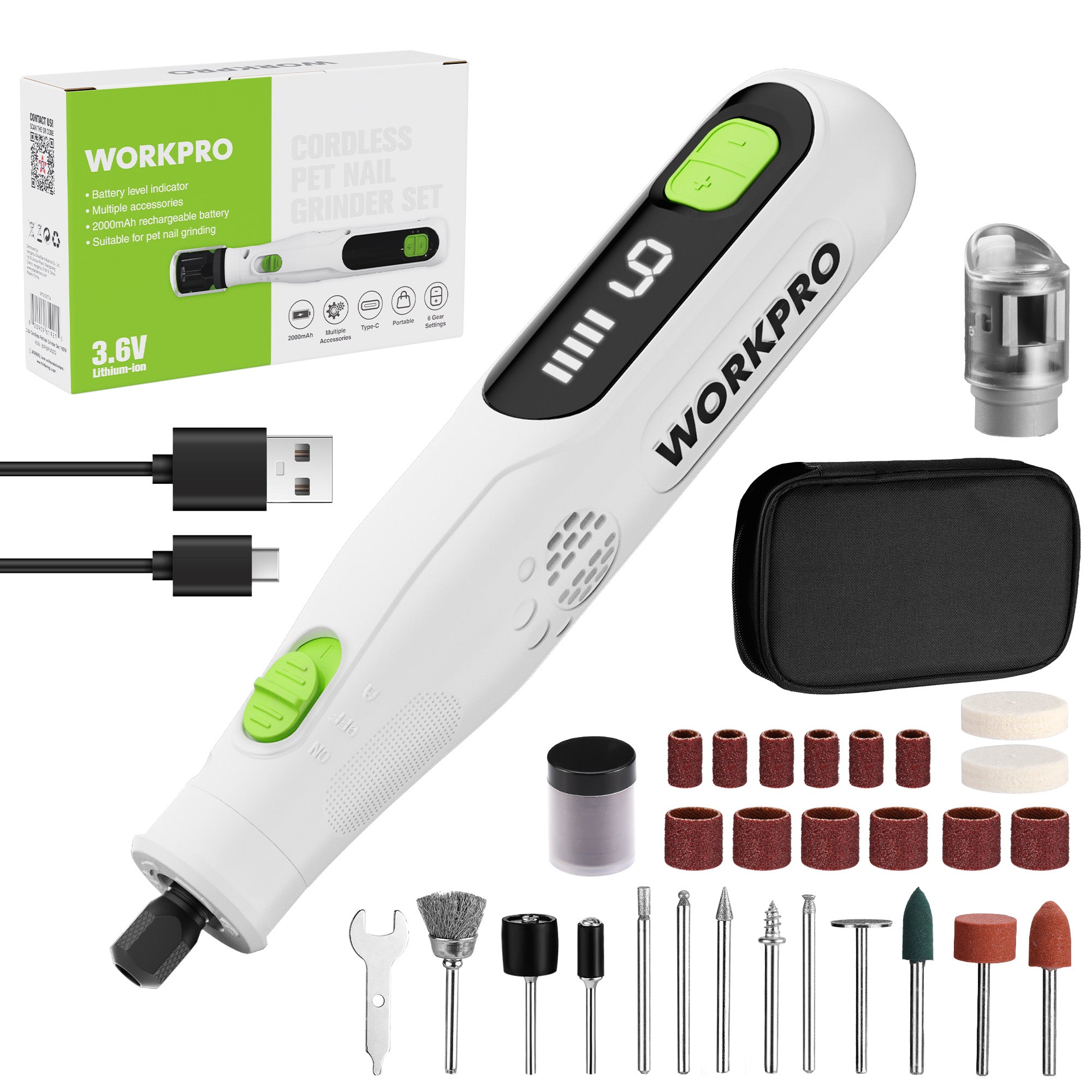WORKPRO 3.6V cordless rotary tool kit in white with green accents, innovation quality and durable secure use