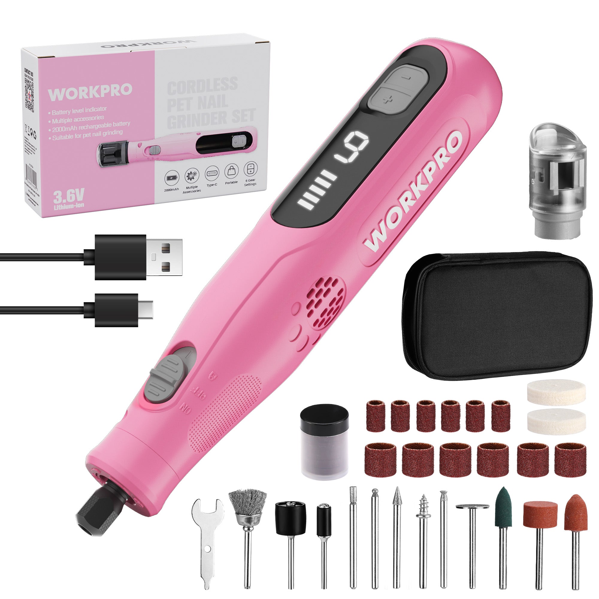 WORKPRO 3.6V cordless rotary tool kit in pink with innovation, quality, and secure spindle lock