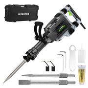 A WORKPRO electric jackhammer hammer drill with a metal drill bit, shown with its black carrying case, three metal chipping bits, two hex keys, a small white squeeze bottle, and a tube of adhesive on a white background.