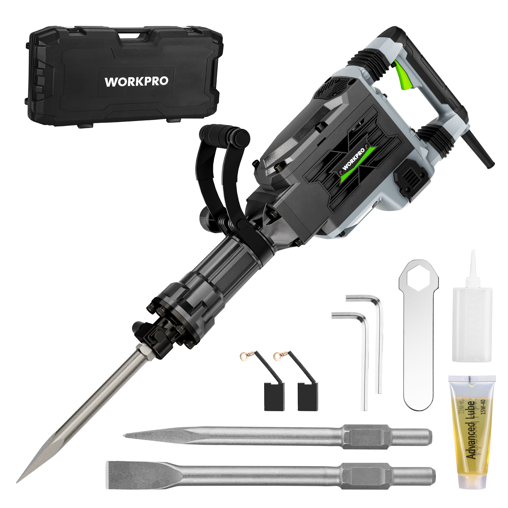 A WORKPRO electric jackhammer hammer drill with a metal drill bit, shown with its black carrying case, three metal chipping bits, two hex keys, a small white squeeze bottle, and a tube of adhesive on a white background.