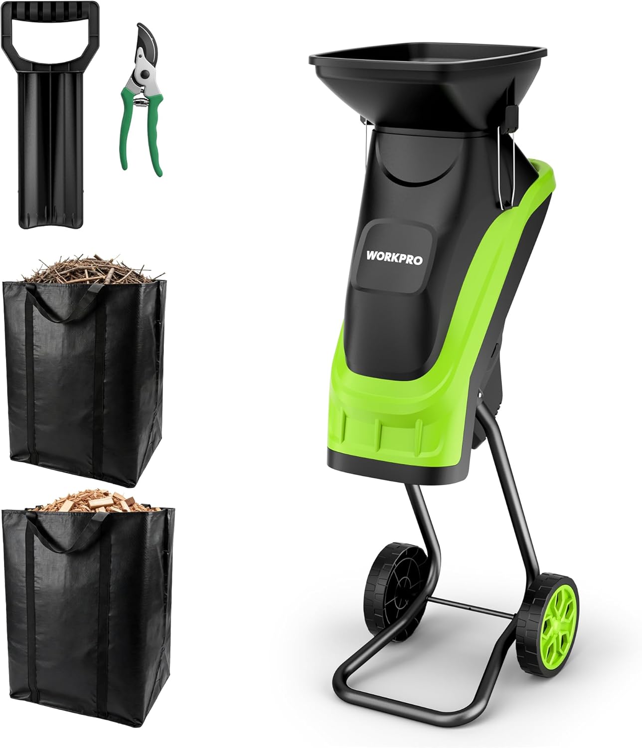 Electric garden shredder with hand pruners and black collection bags