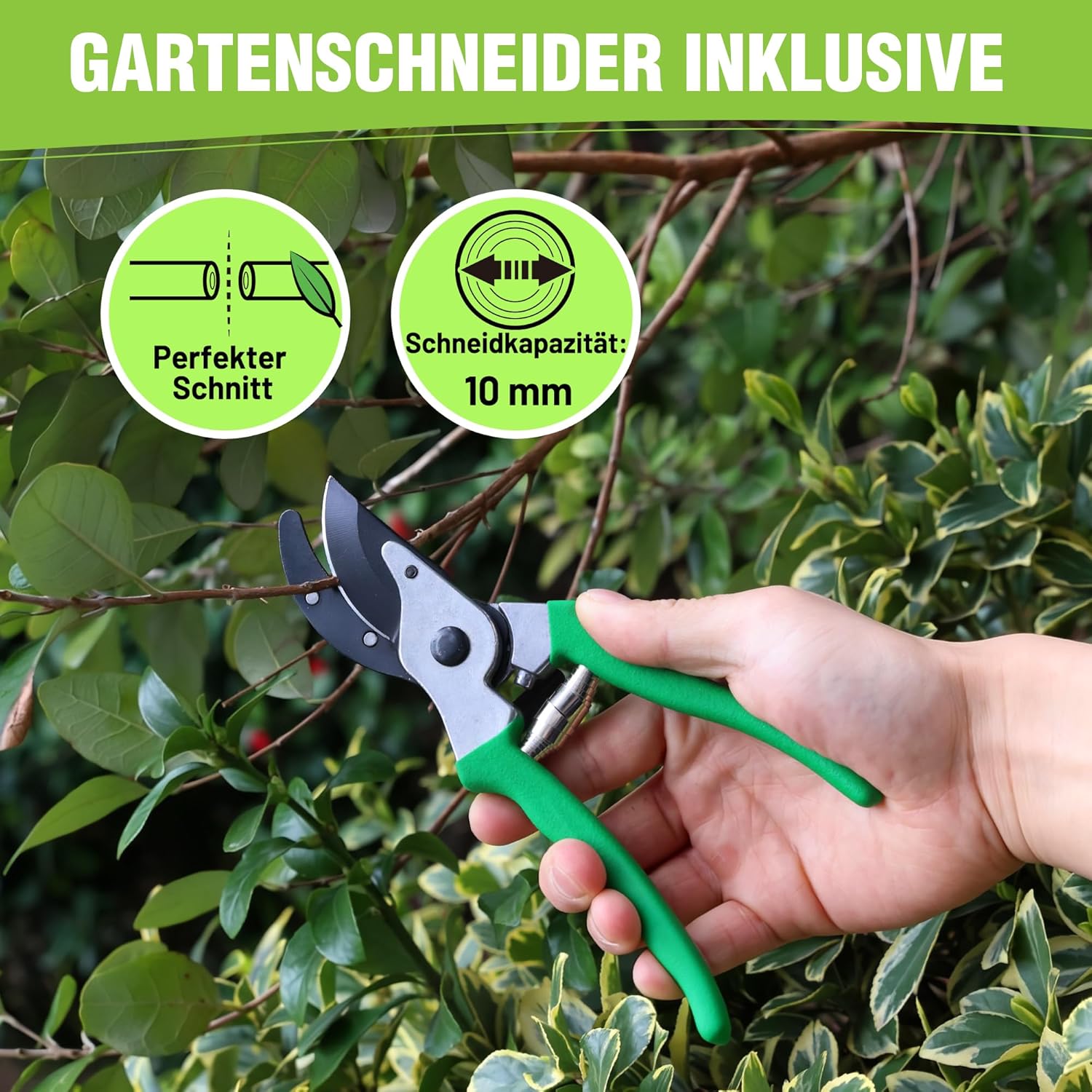 Garden pruners with green handles and dark blades for trimming branches