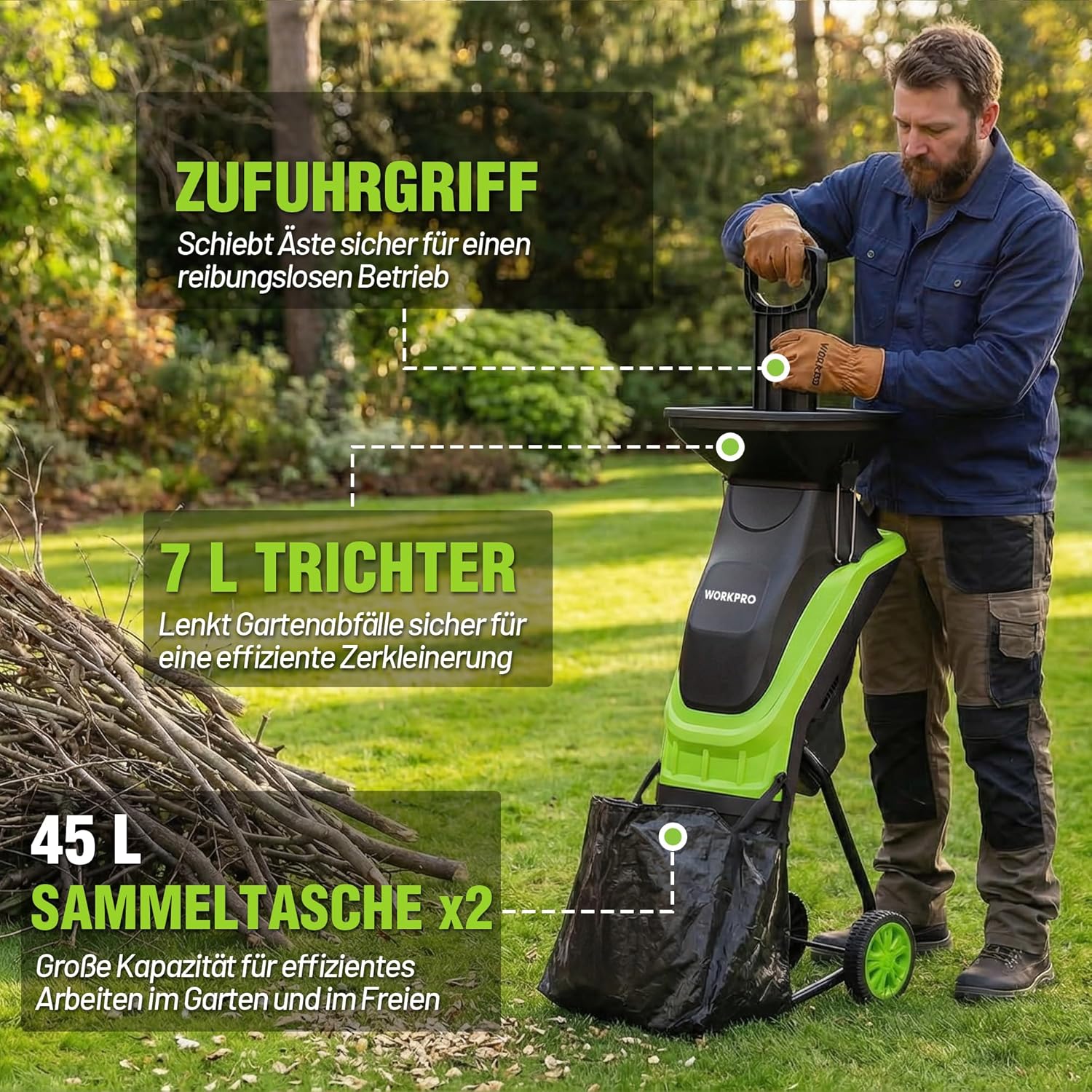 Electric garden shredder with large black collection bag and funnel top
