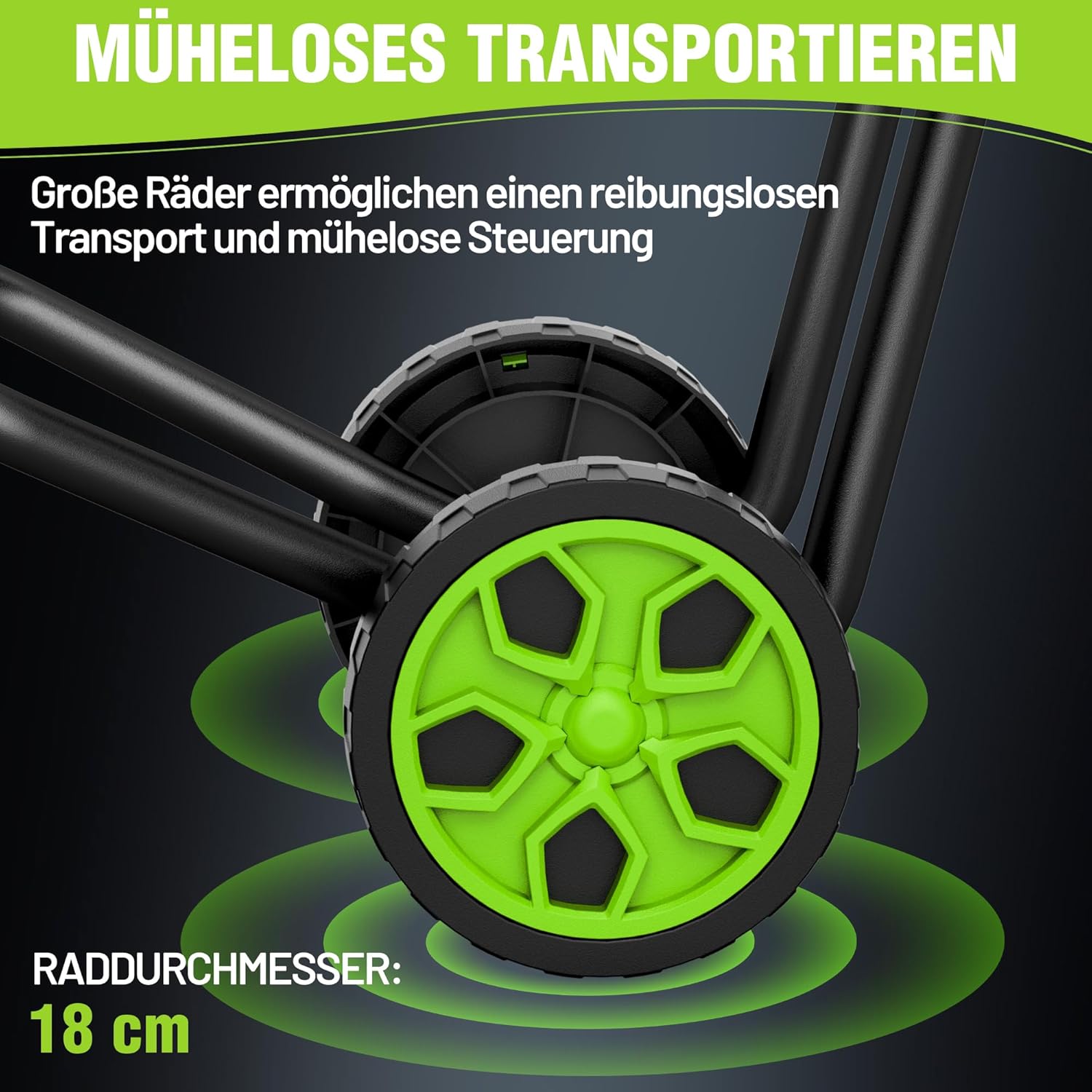 Electric garden shredder with lime-green transport wheels and black frame