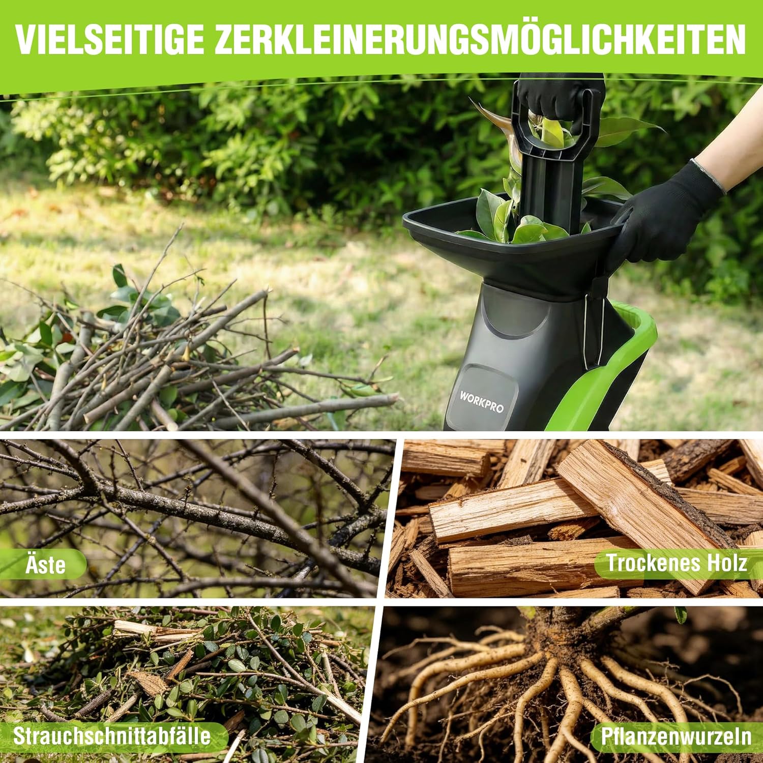 Electric garden shredder hopper with gloves feeding branches and twigs