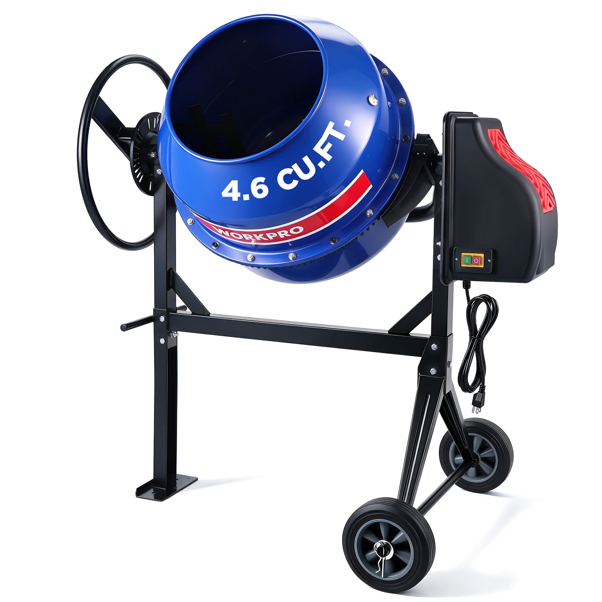 A 4.6 cubic foot concrete mixer on a white background, featuring a blue drum, black metal frame and wheels, and a black motor housing with a red accent.