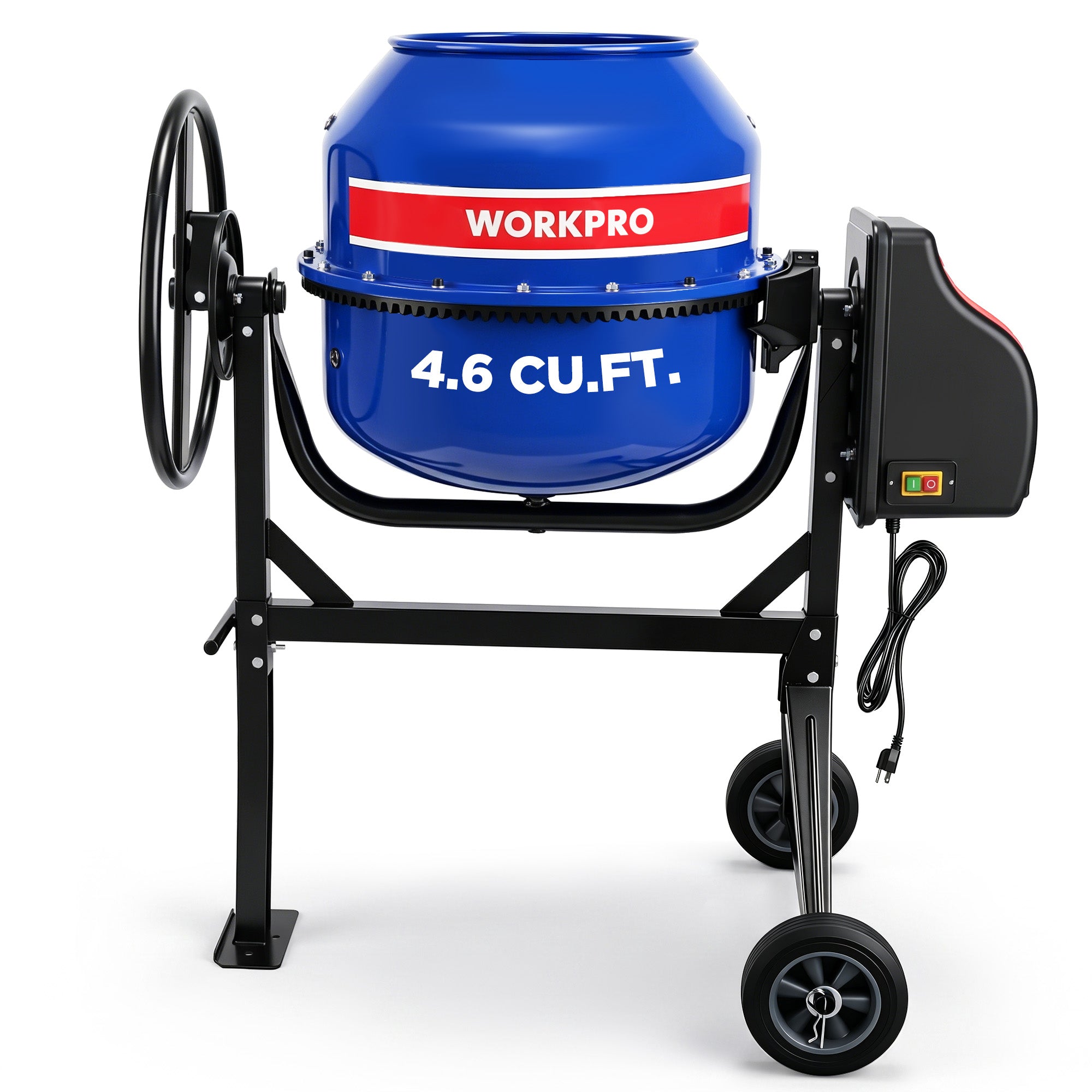 WORKPRO 4.6 Cu.Ft. electric cement mixer in blue with black steel frame, innovation quality durable secure